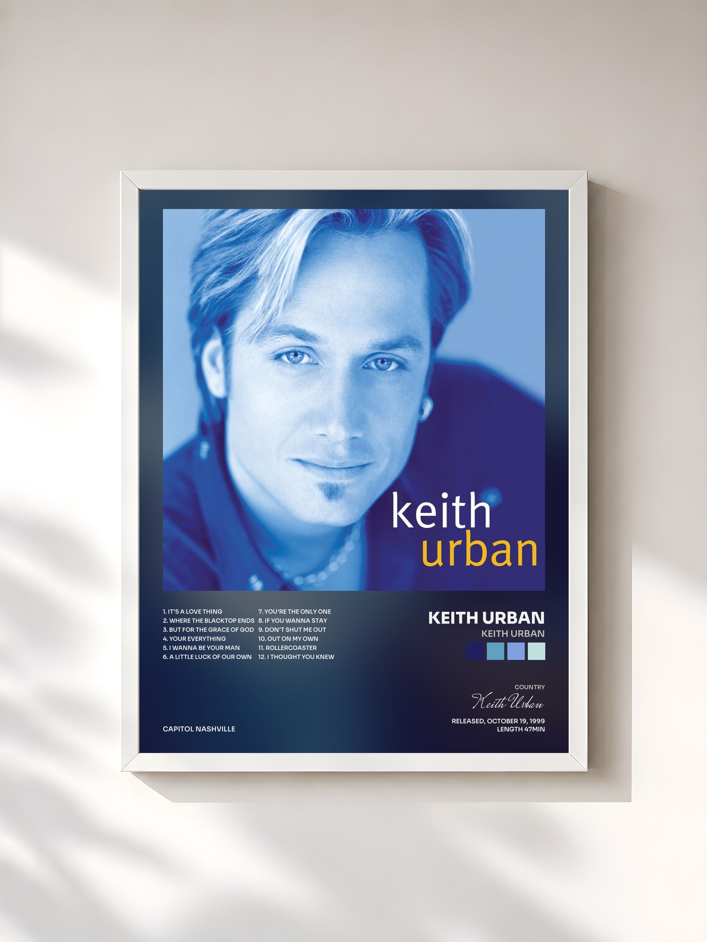 #blanc Tableau de l'album Keith Urban de Keith Urban, cadre blanc, imprimé et encadré en France
