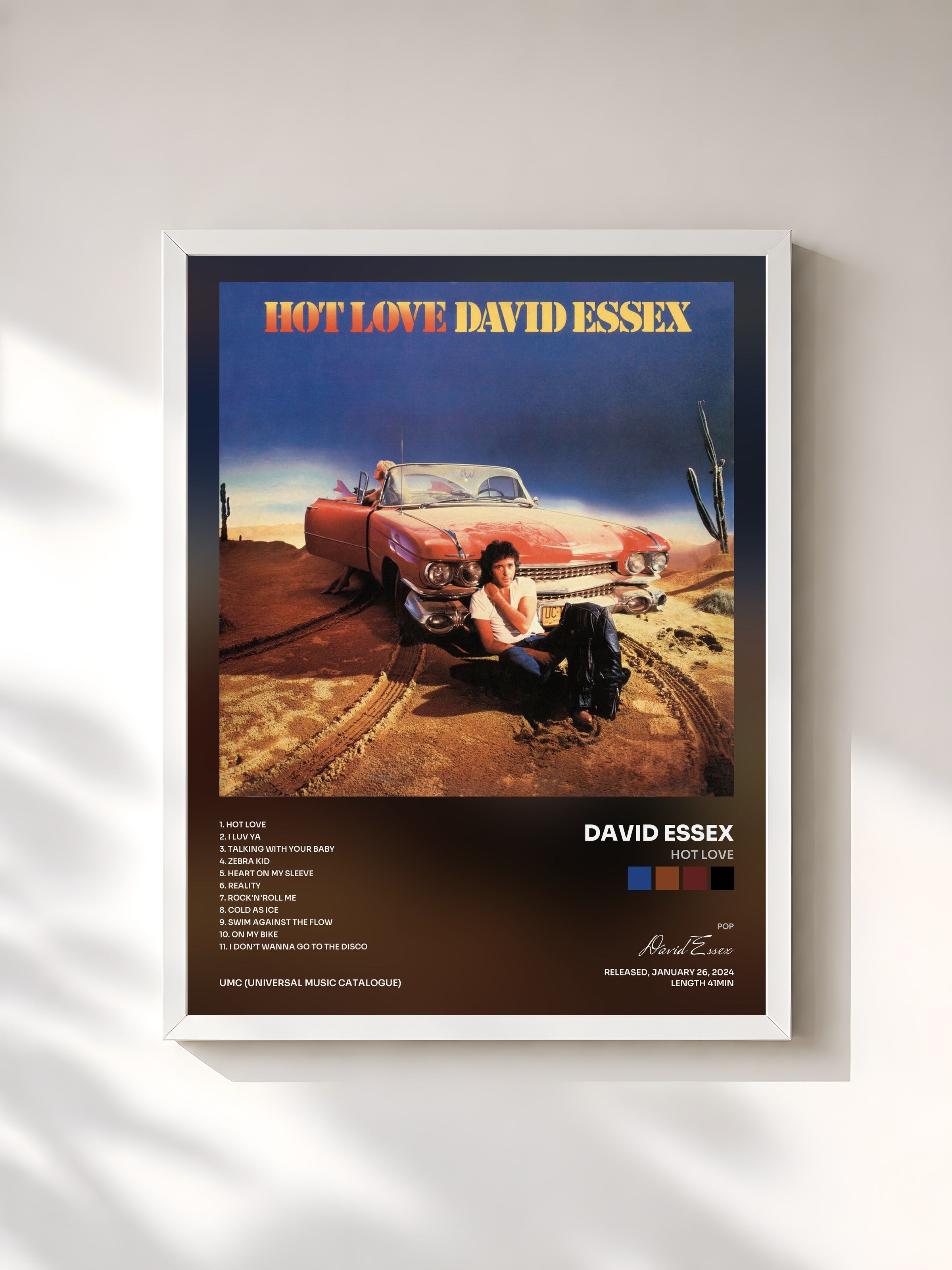 #blanc Tableau de l'album Hot Love de David Essex, cadre blanc, imprimé et encadré en France