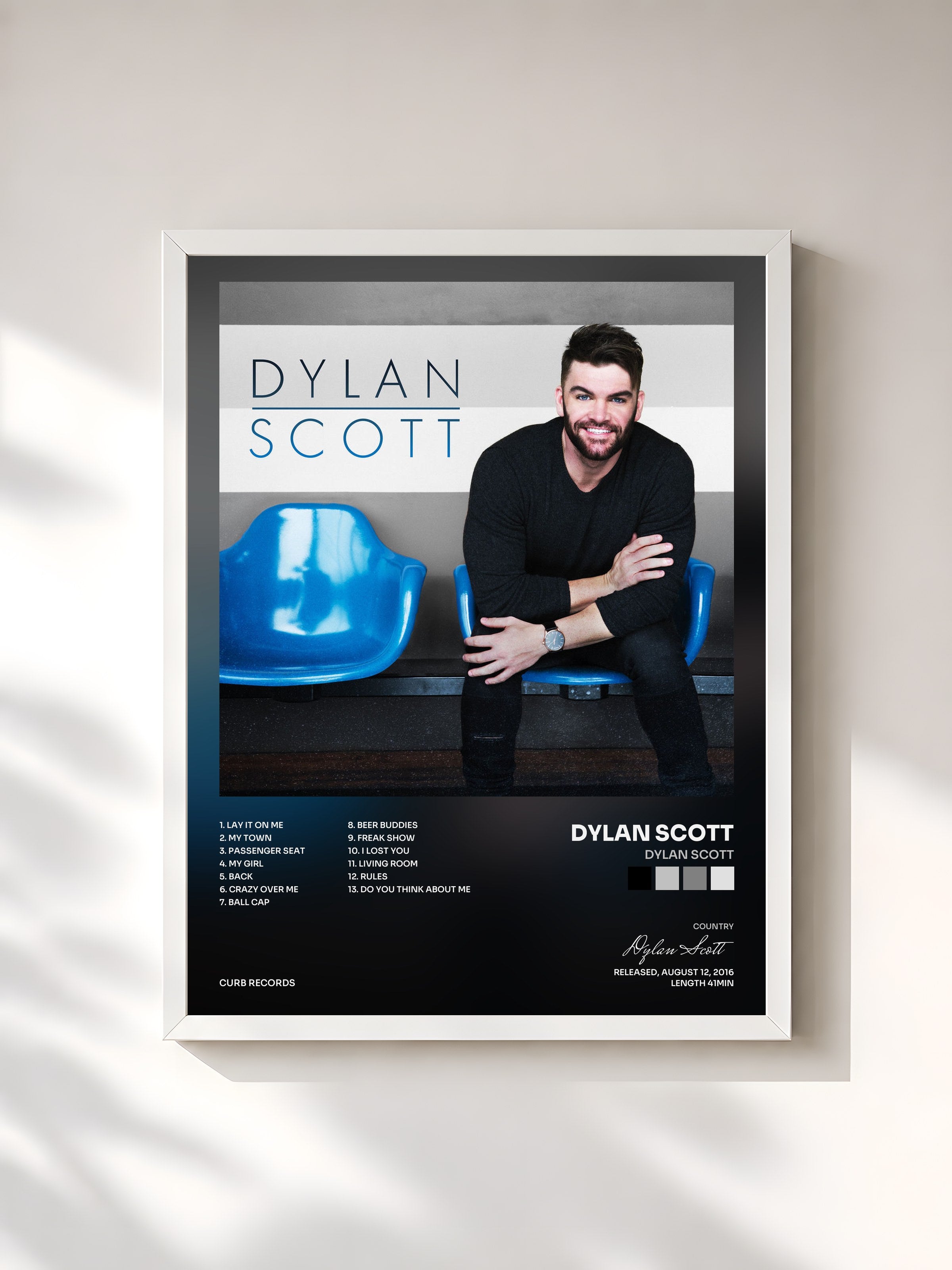 #blanc Tableau de l'album Dylan Scott de Dylan Scott, cadre blanc, imprimé et encadré en France