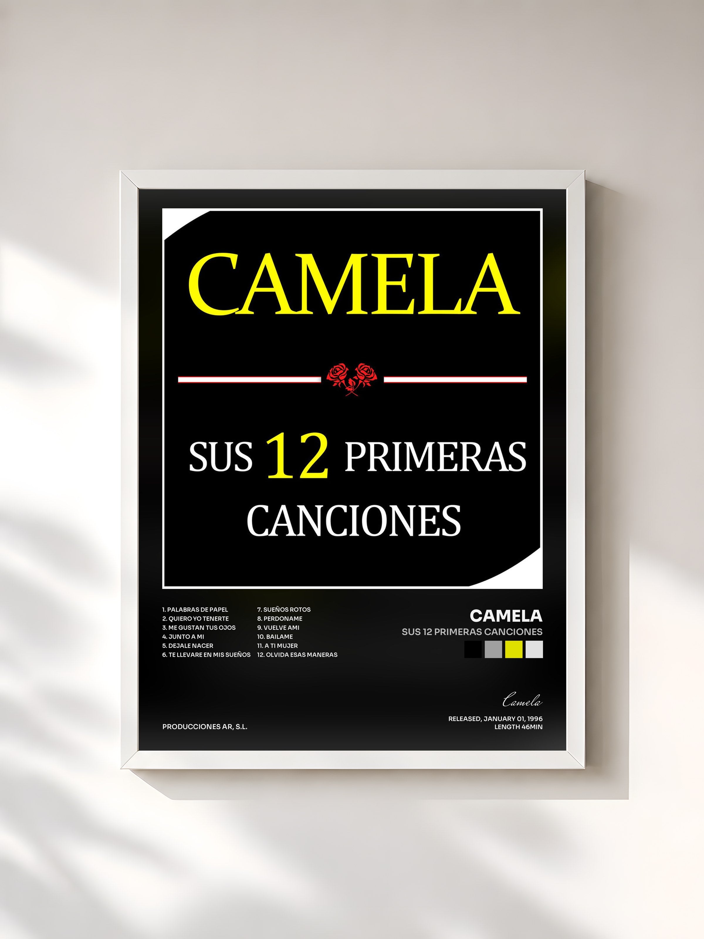 #blanc Tableau de l'album Sus 12 Primeras Canciones de Camela, cadre blanc, imprimé et encadré en France