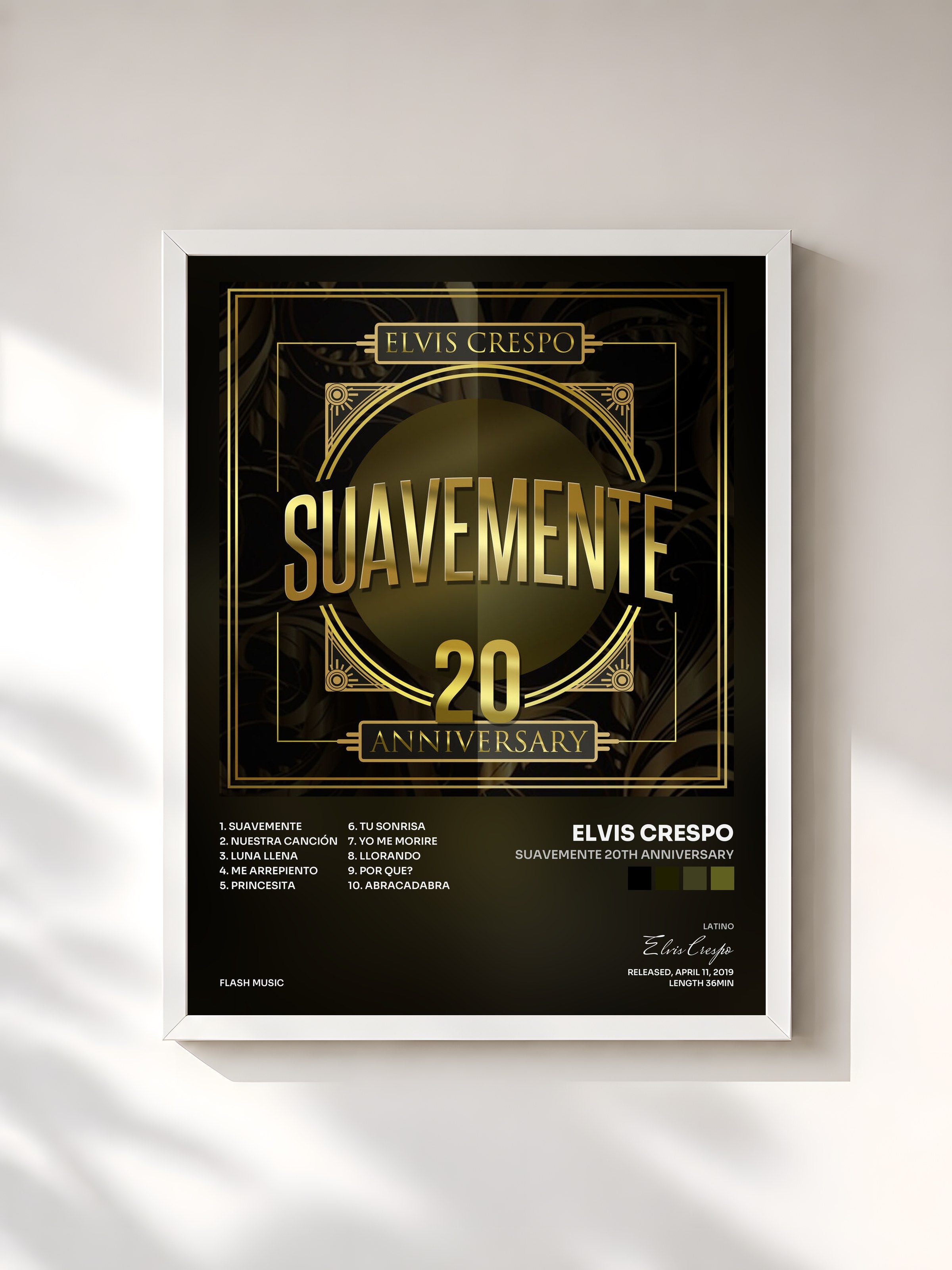 #blanc Tableau de l'album Suavemente 20th Anniversary de Elvis Crespo, cadre blanc, imprimé et encadré en France