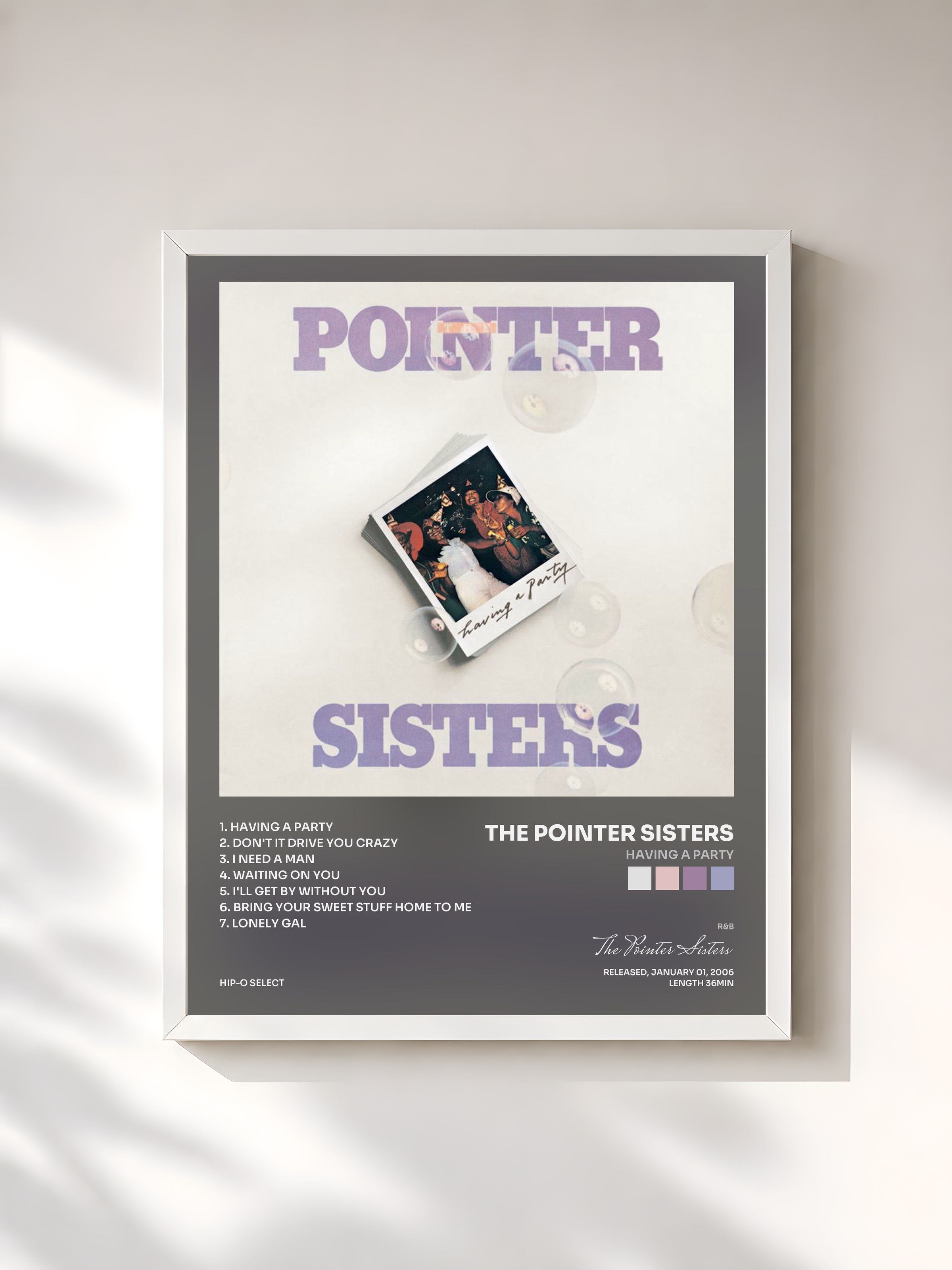 #blanc Tableau de l'album Having A Party de The Pointer Sisters, cadre blanc, imprimé et encadré en France