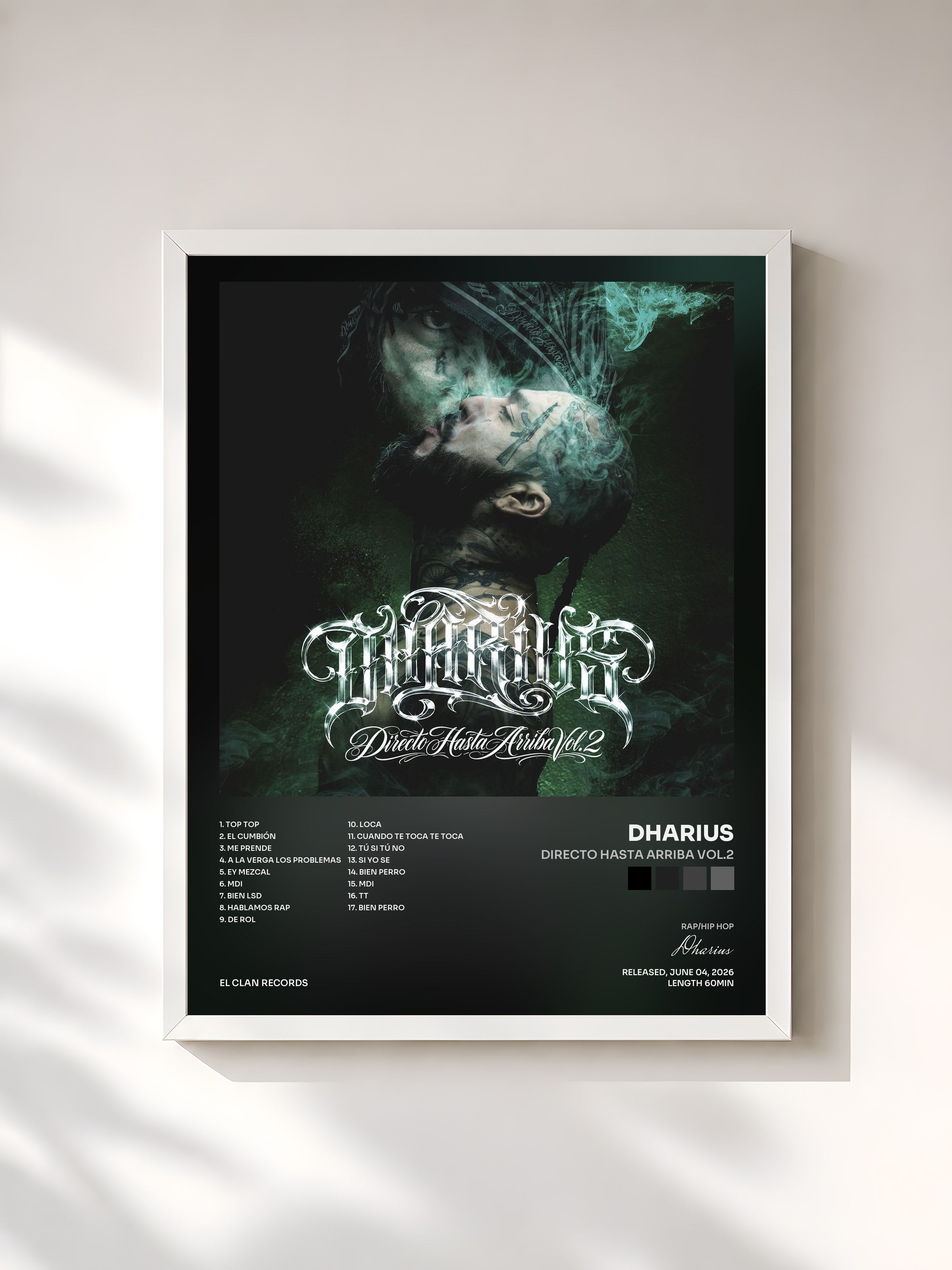#blanc Tableau de l'album Directo Hasta Arriba Vol.2 de Dharius, cadre blanc, imprimé et encadré en France