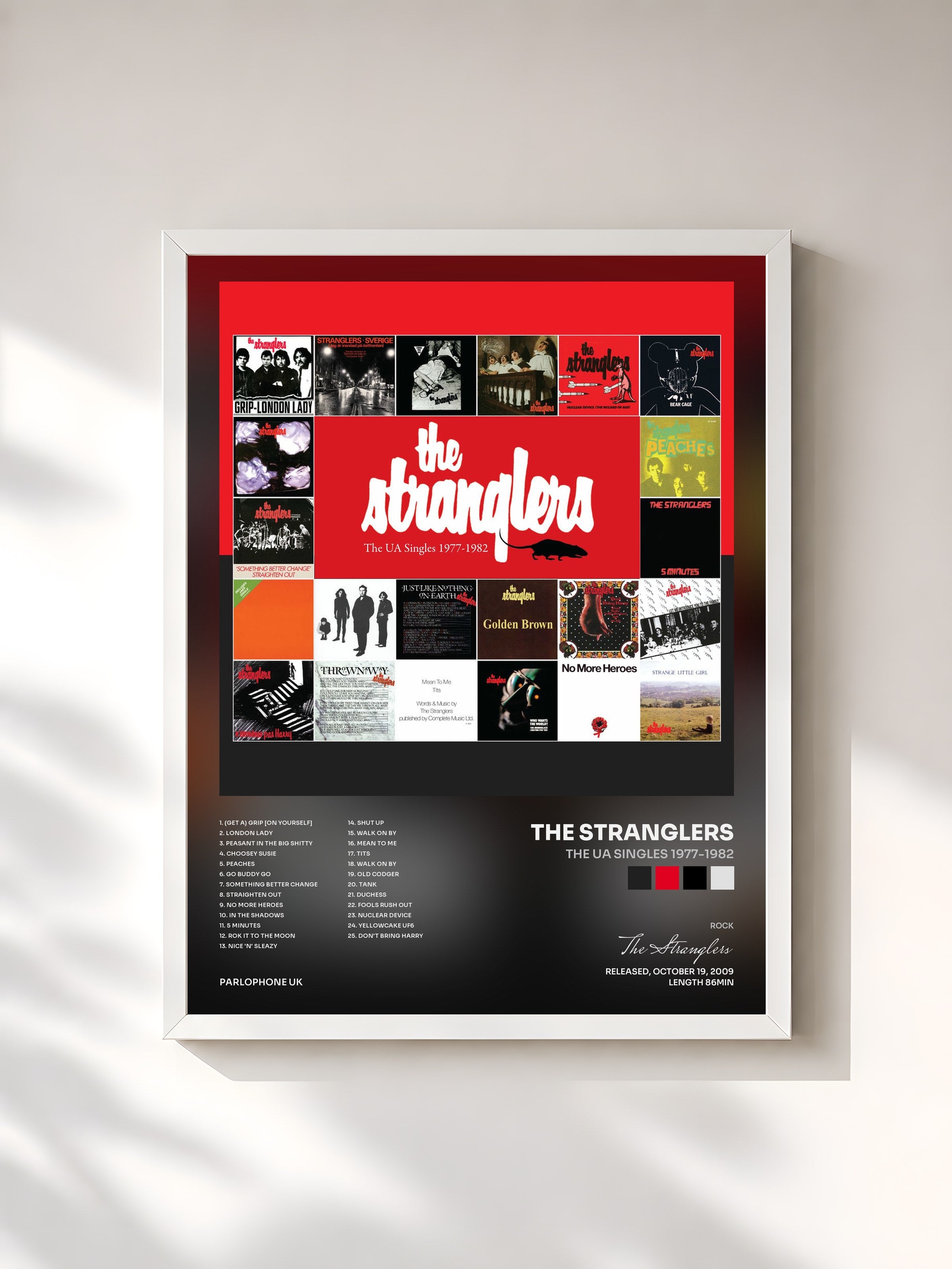 #blanc Tableau de l'album The UA Singles 1977-1982 de The Stranglers, cadre blanc, imprimé et encadré en France