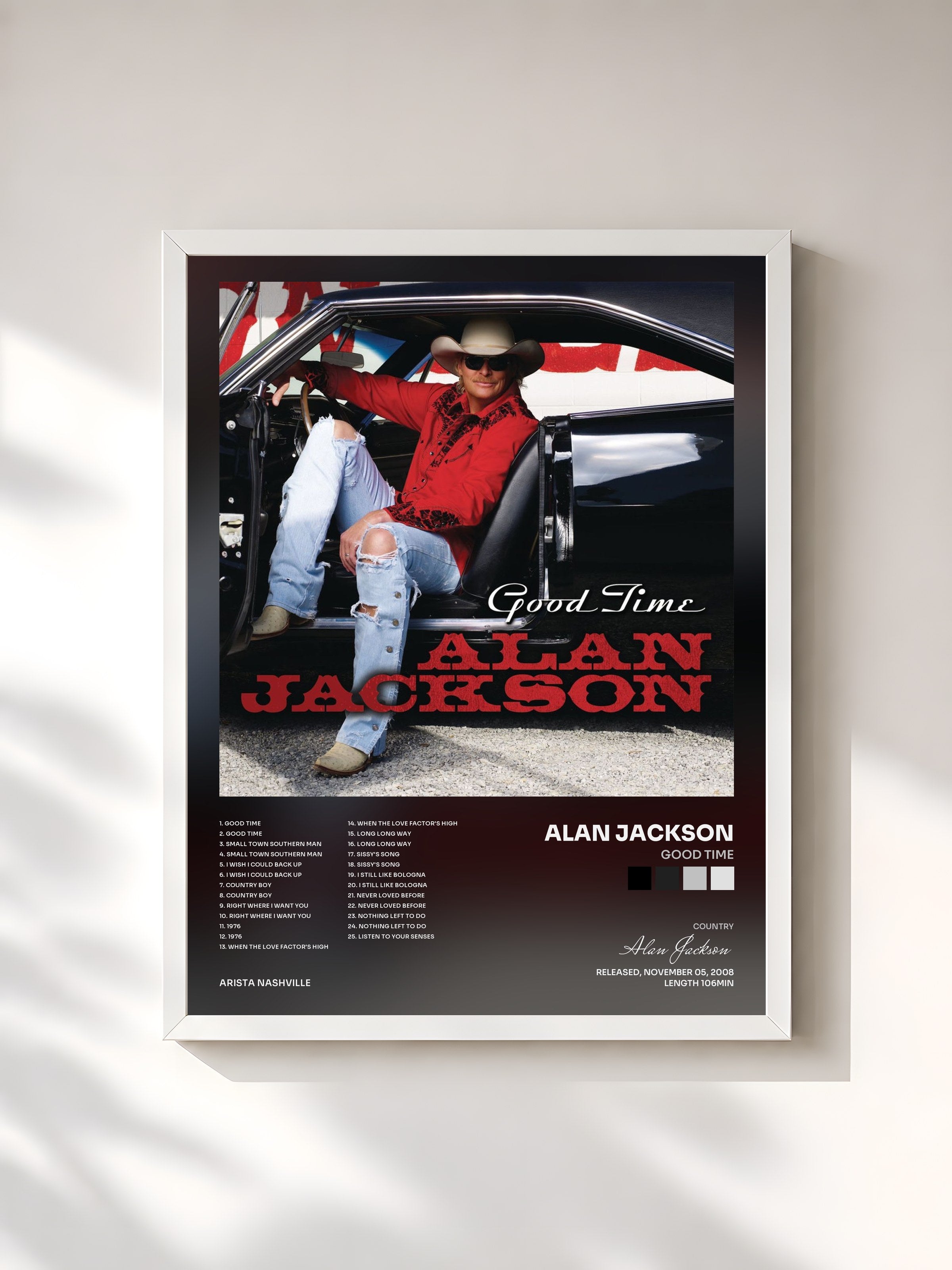 #blanc Tableau de l'album Good Time de Alan Jackson, cadre blanc, imprimé et encadré en France