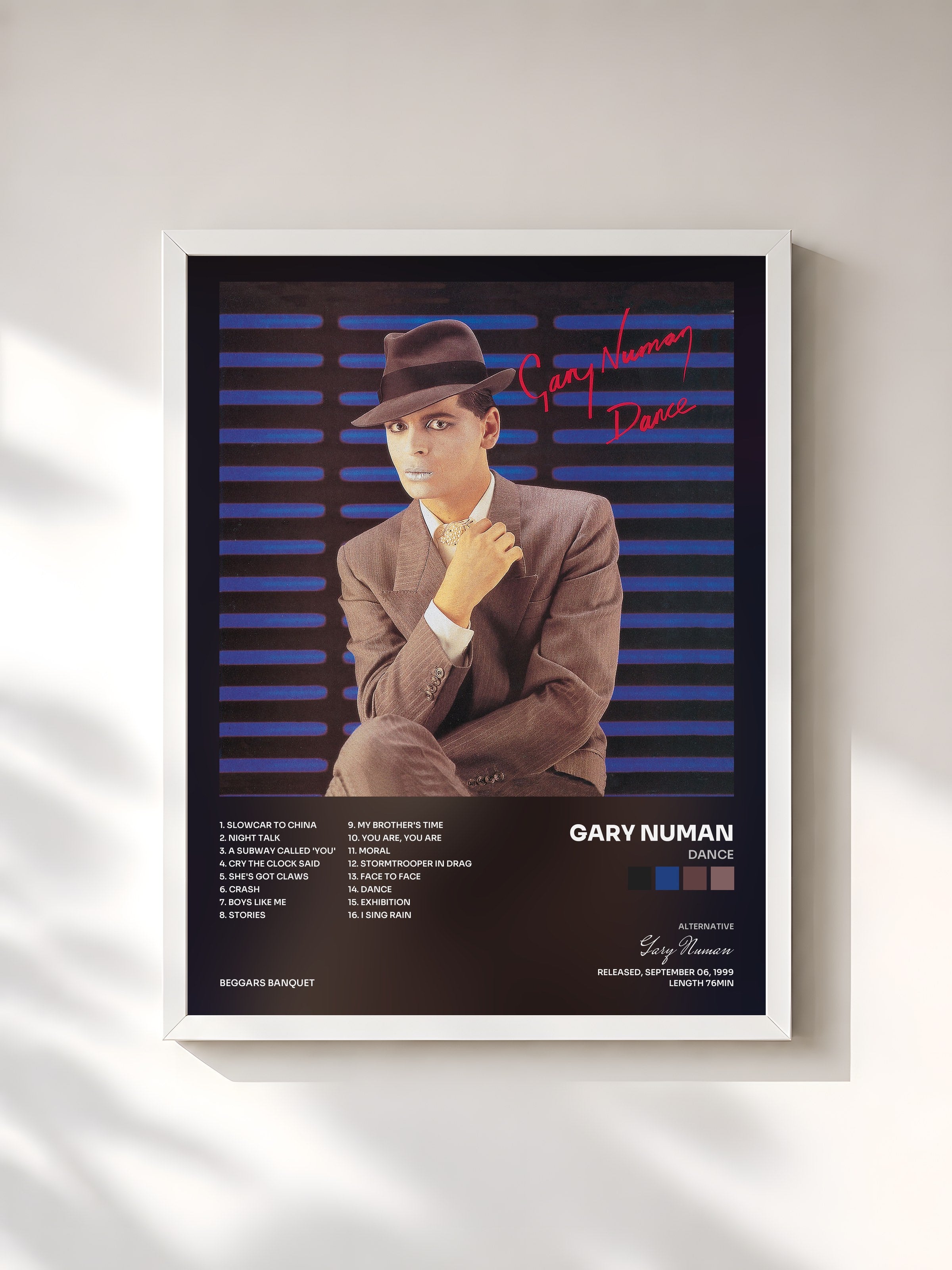 #blanc Tableau de l'album Dance de Gary Numan, cadre blanc, imprimé et encadré en France