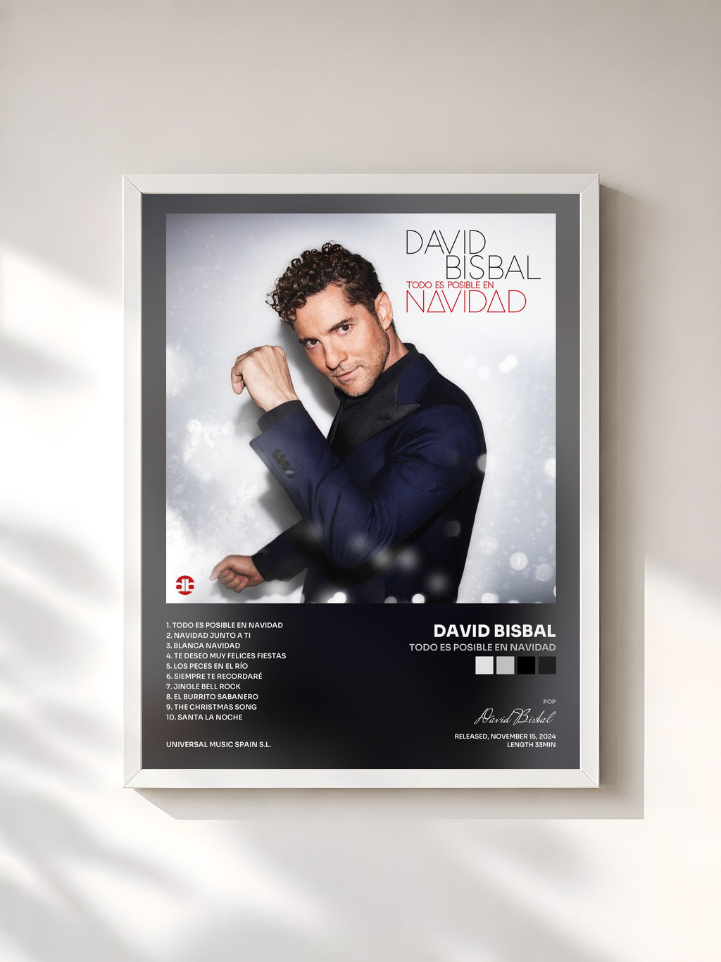 #blanc Tableau de l'album Todo Es Posible En Navidad de David Bisbal, cadre blanc, imprimé et encadré en France