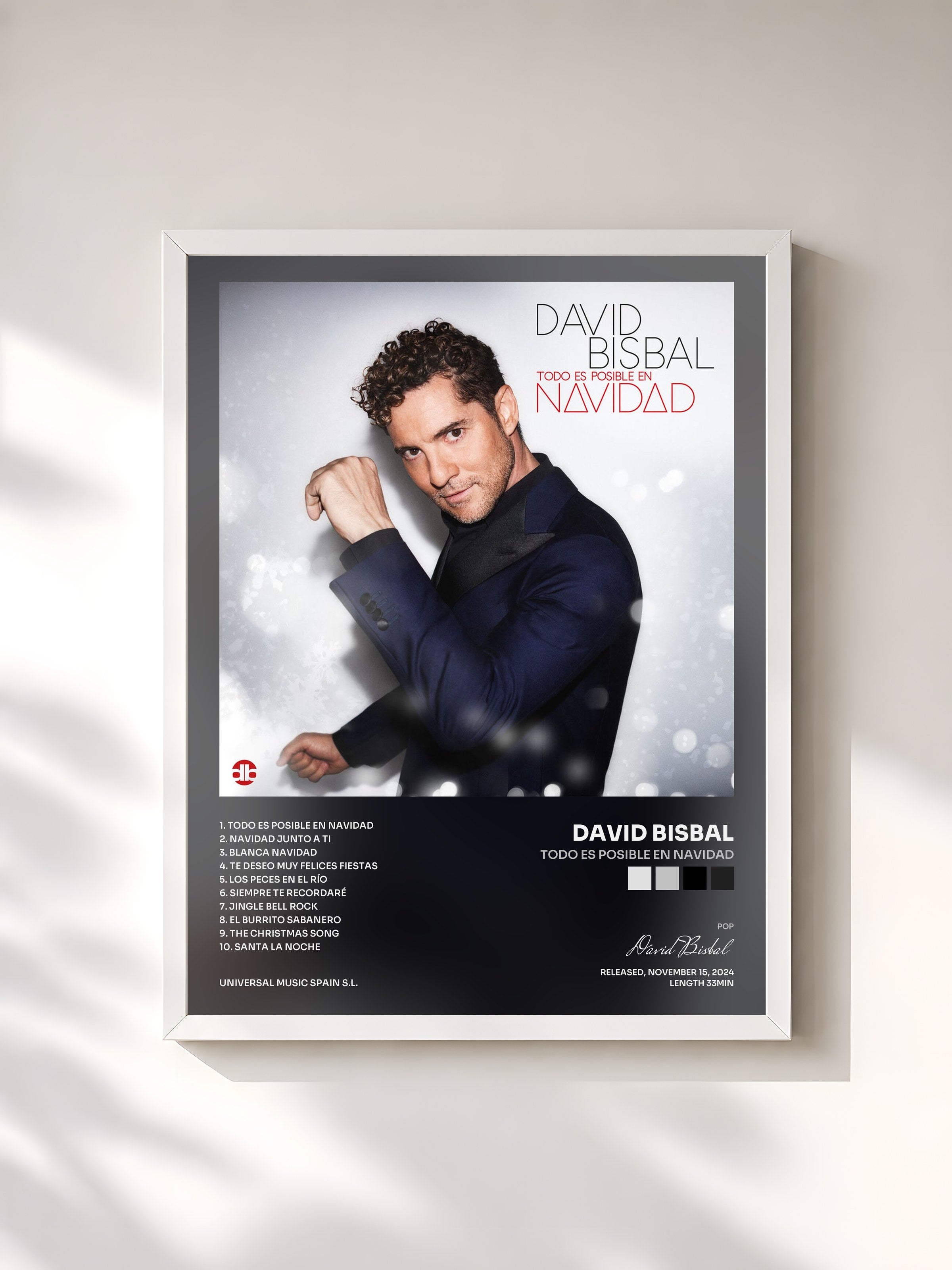 #blanc Tableau de l'album Todo Es Posible En Navidad de David Bisbal, cadre blanc, imprimé et encadré en France