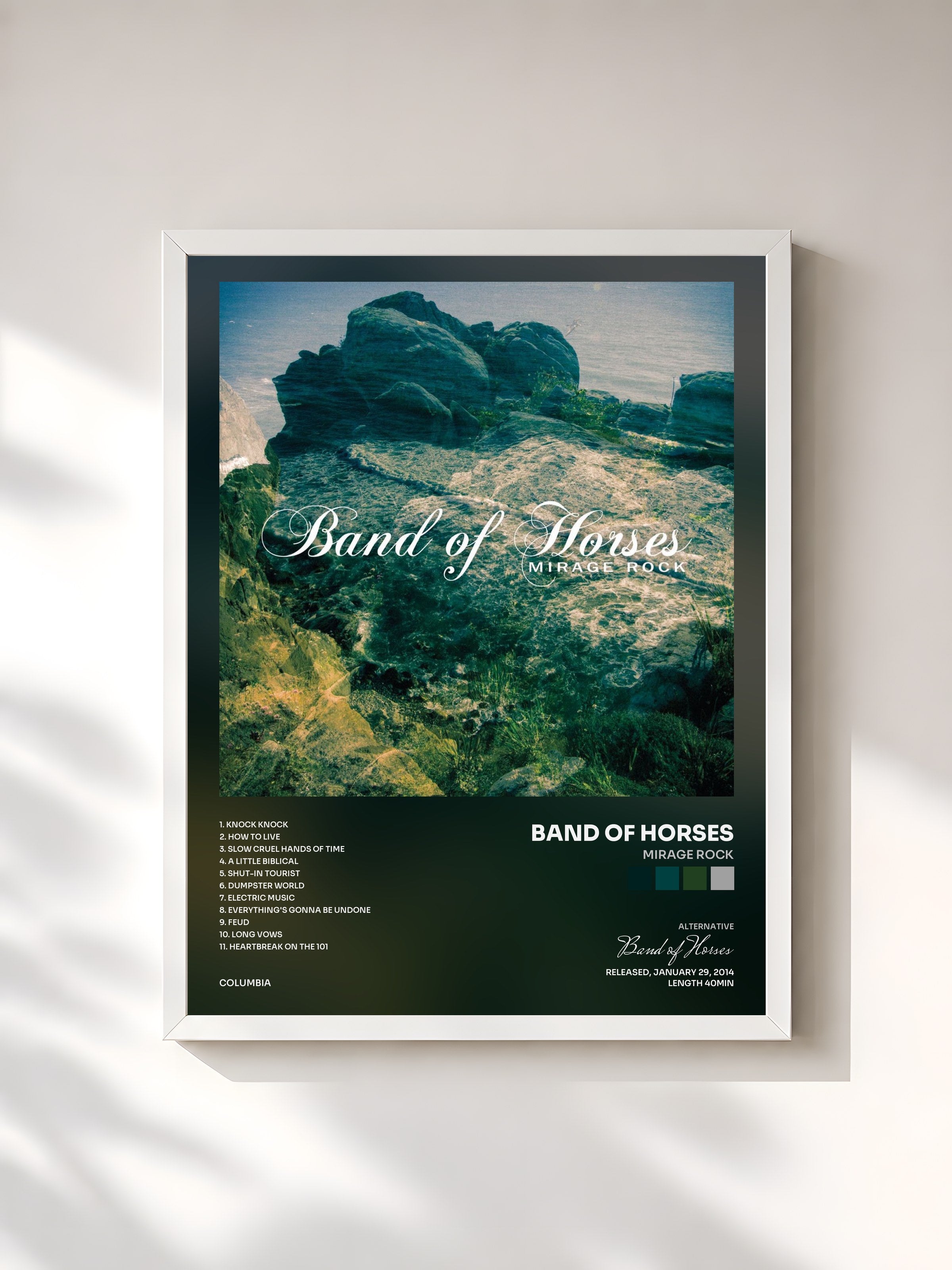 #blanc Tableau de l'album Mirage Rock de Band of Horses, cadre blanc, imprimé et encadré en France