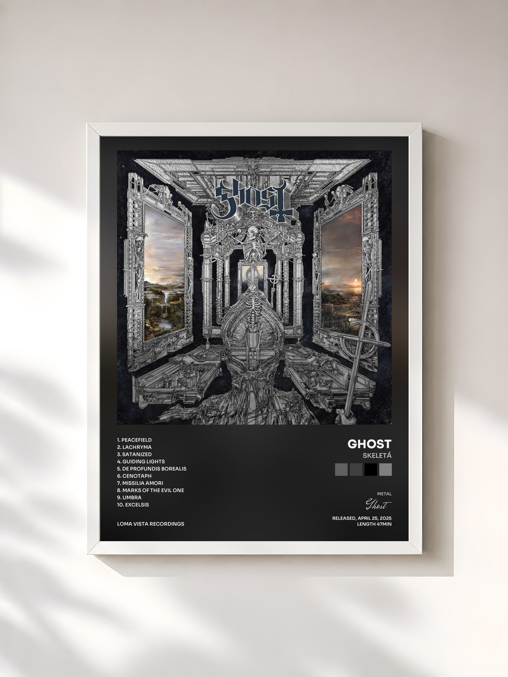 #blanc Tableau de l'album Skeletá de Ghost, cadre blanc, imprimé et encadré en France