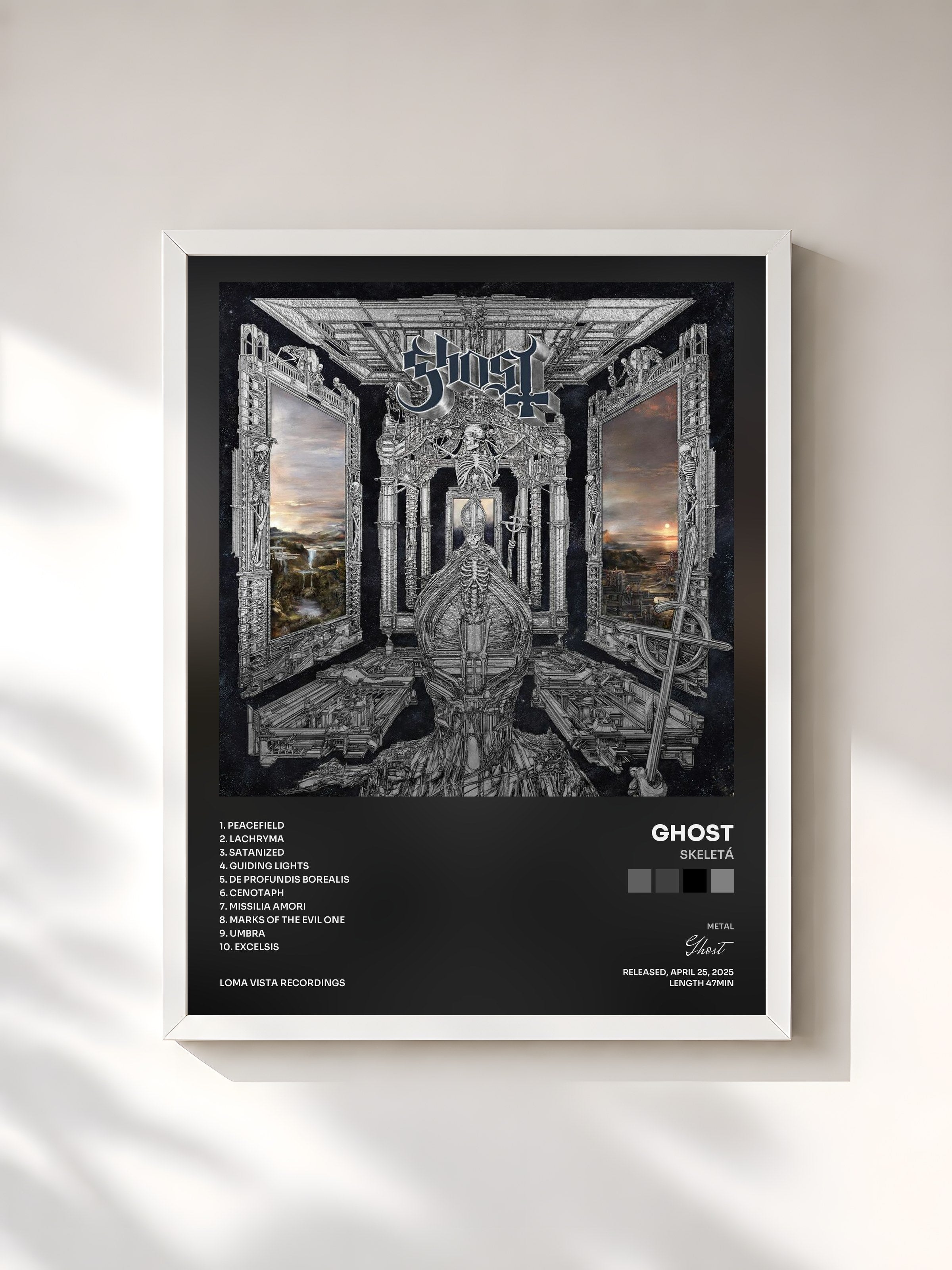 #blanc Tableau de l'album Skeletá de Ghost, cadre blanc, imprimé et encadré en France