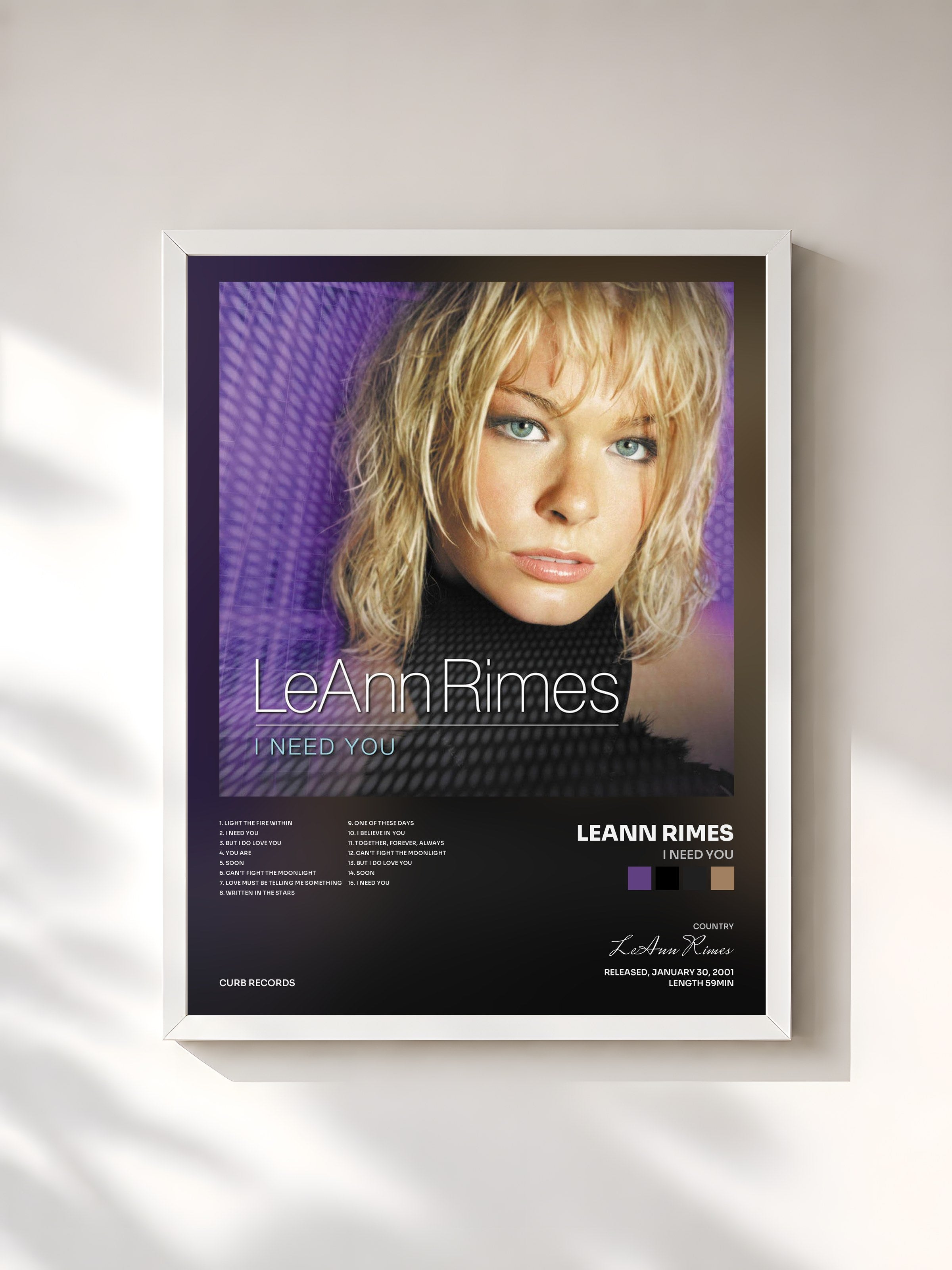 #blanc Tableau de l'album I Need You de LeAnn Rimes, cadre blanc, imprimé et encadré en France