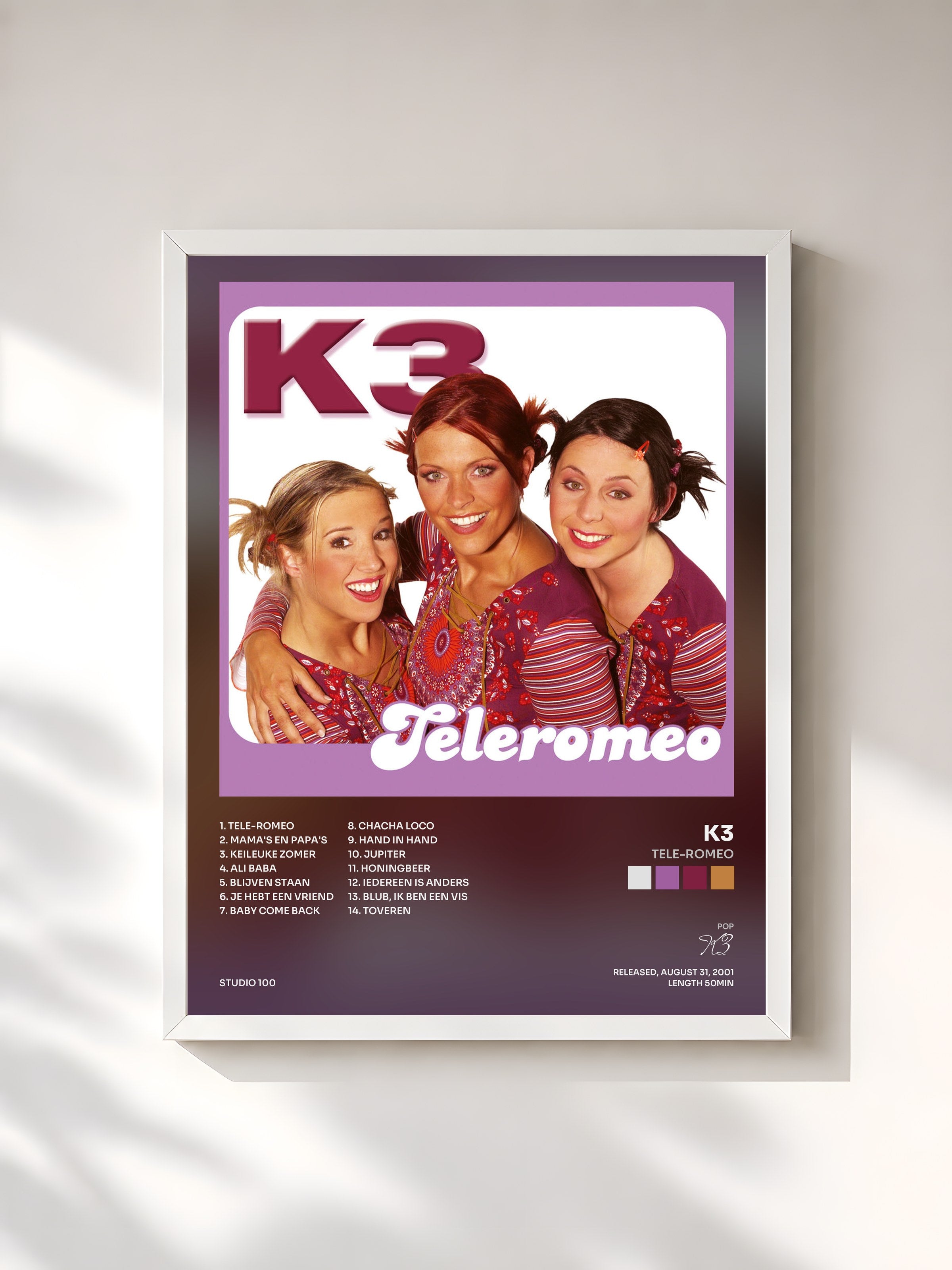#blanc Tableau de l'album Tele-Romeo de K3, cadre blanc, imprimé et encadré en France