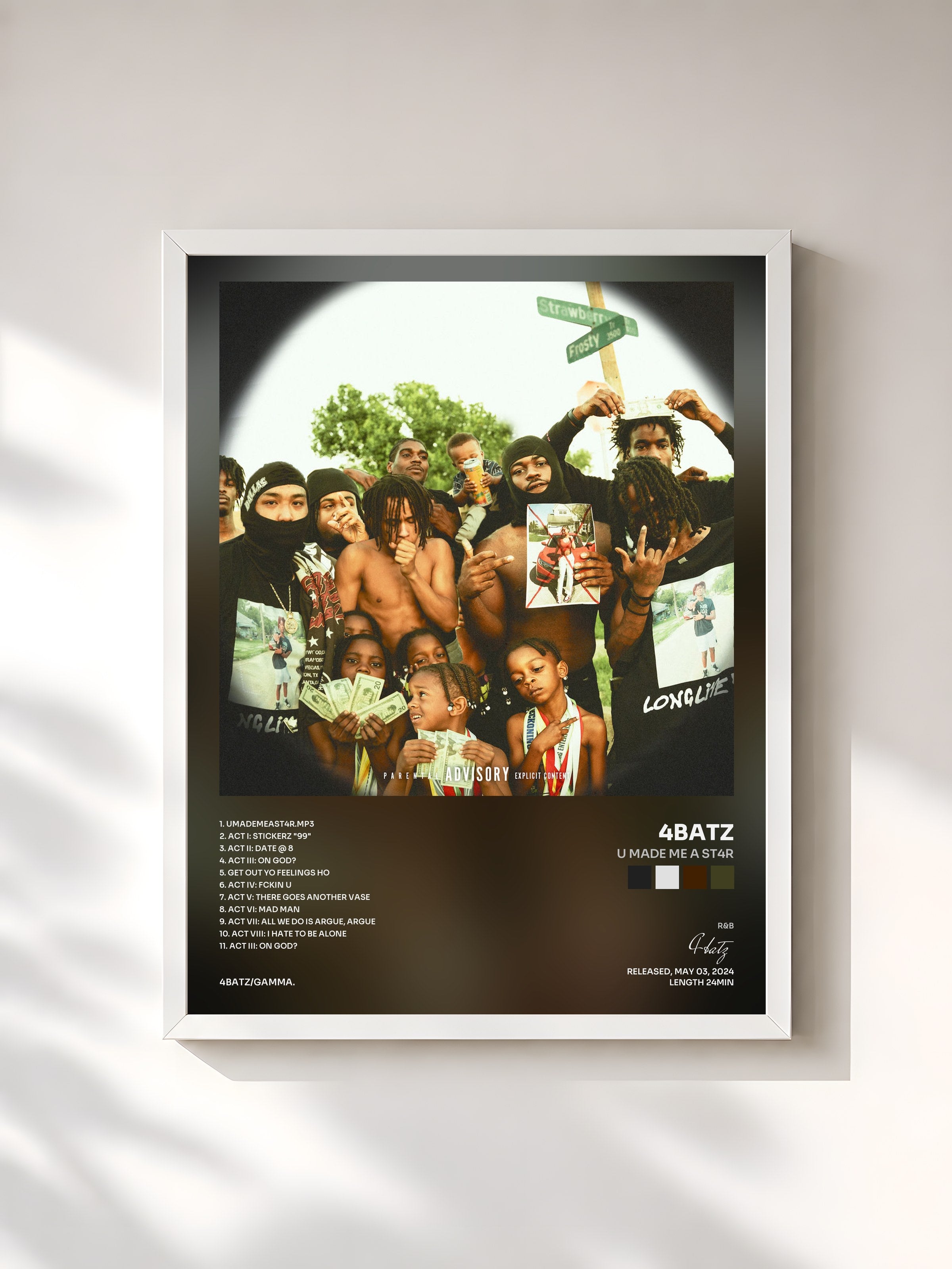 #blanc Tableau de l'album u made me a st4r de 4batz, cadre blanc, imprimé et encadré en France