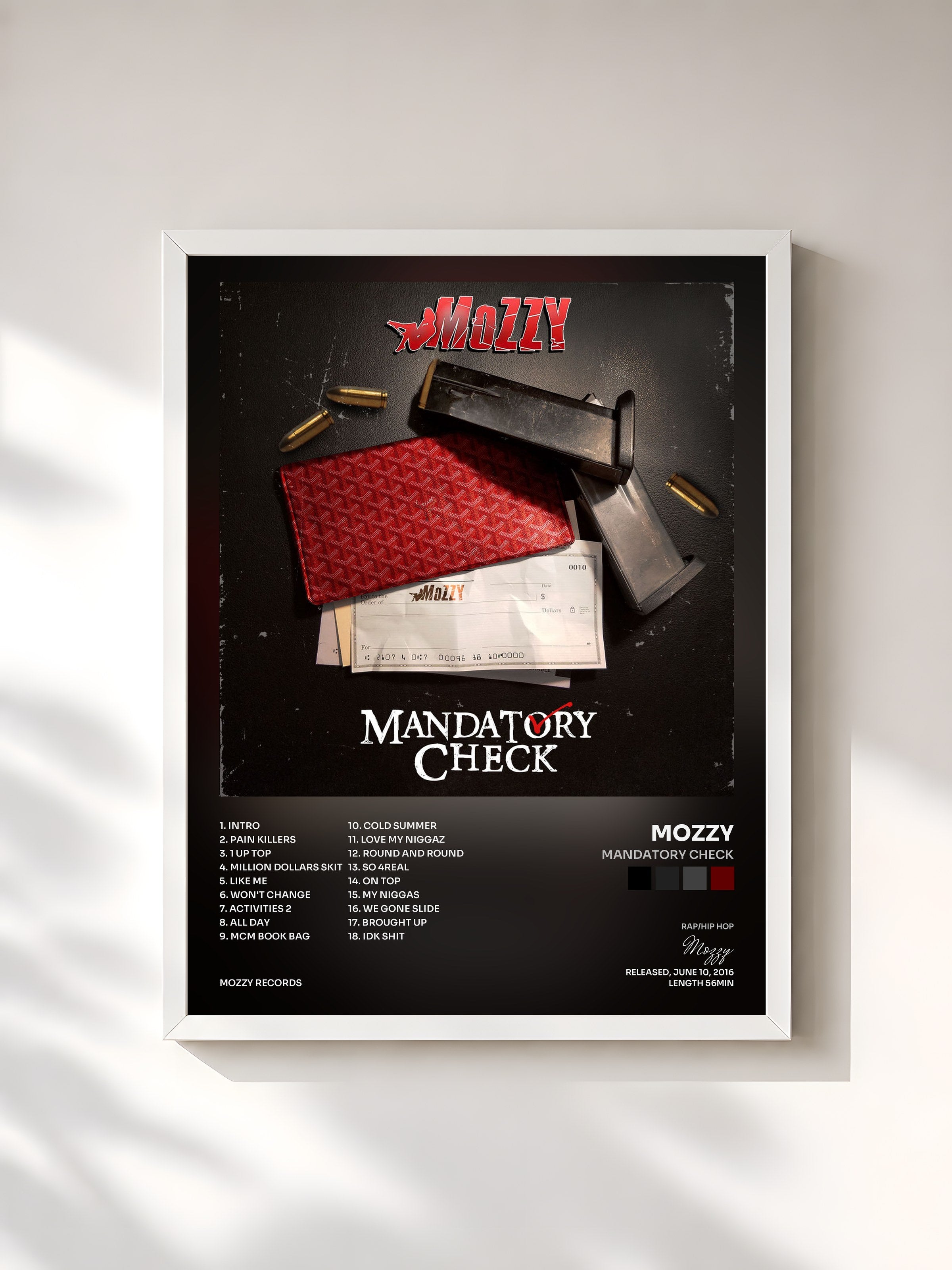 #blanc Tableau de l'album Mandatory Check de Mozzy, cadre blanc, imprimé et encadré en France