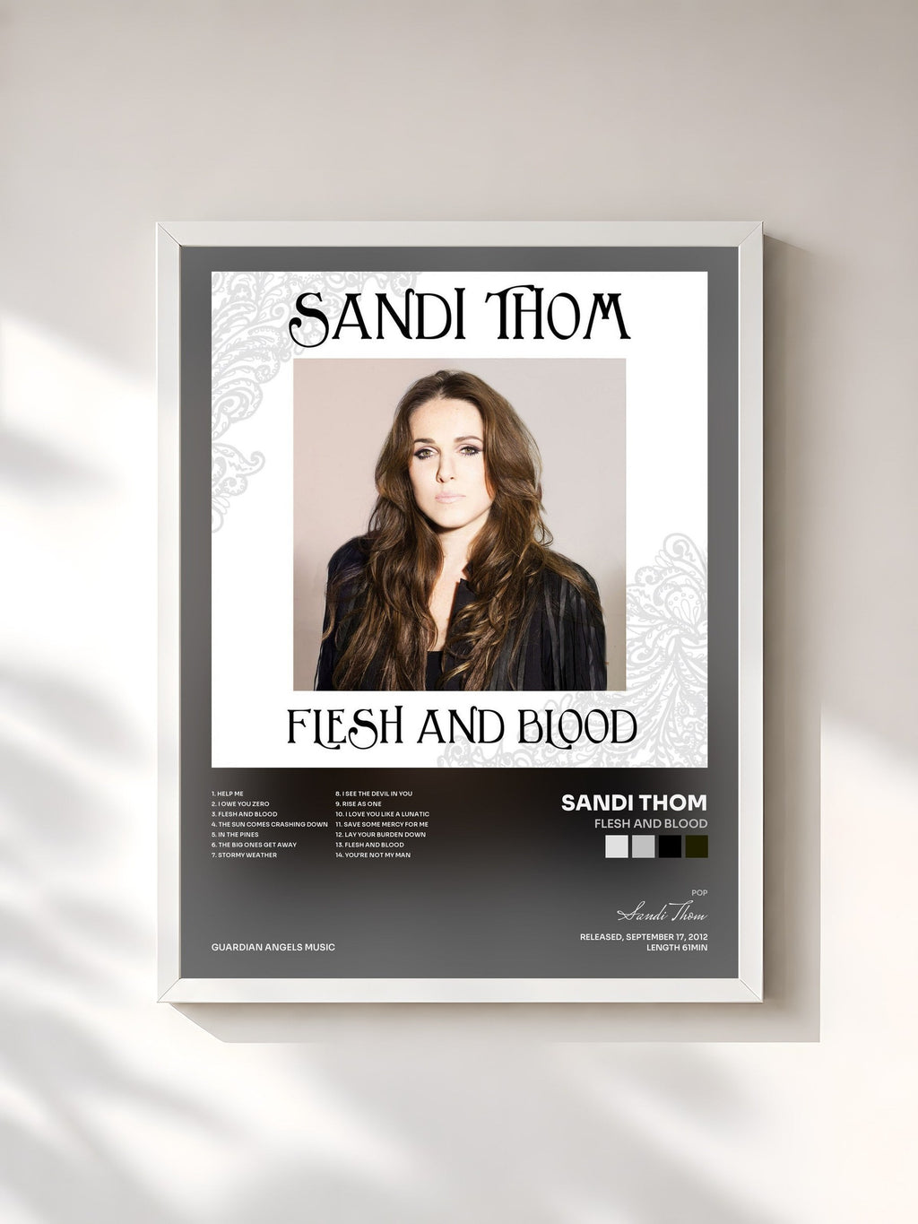 #blanc Tableau de l'album Flesh and Blood de Sandi Thom, cadre blanc, imprimé et encadré en France