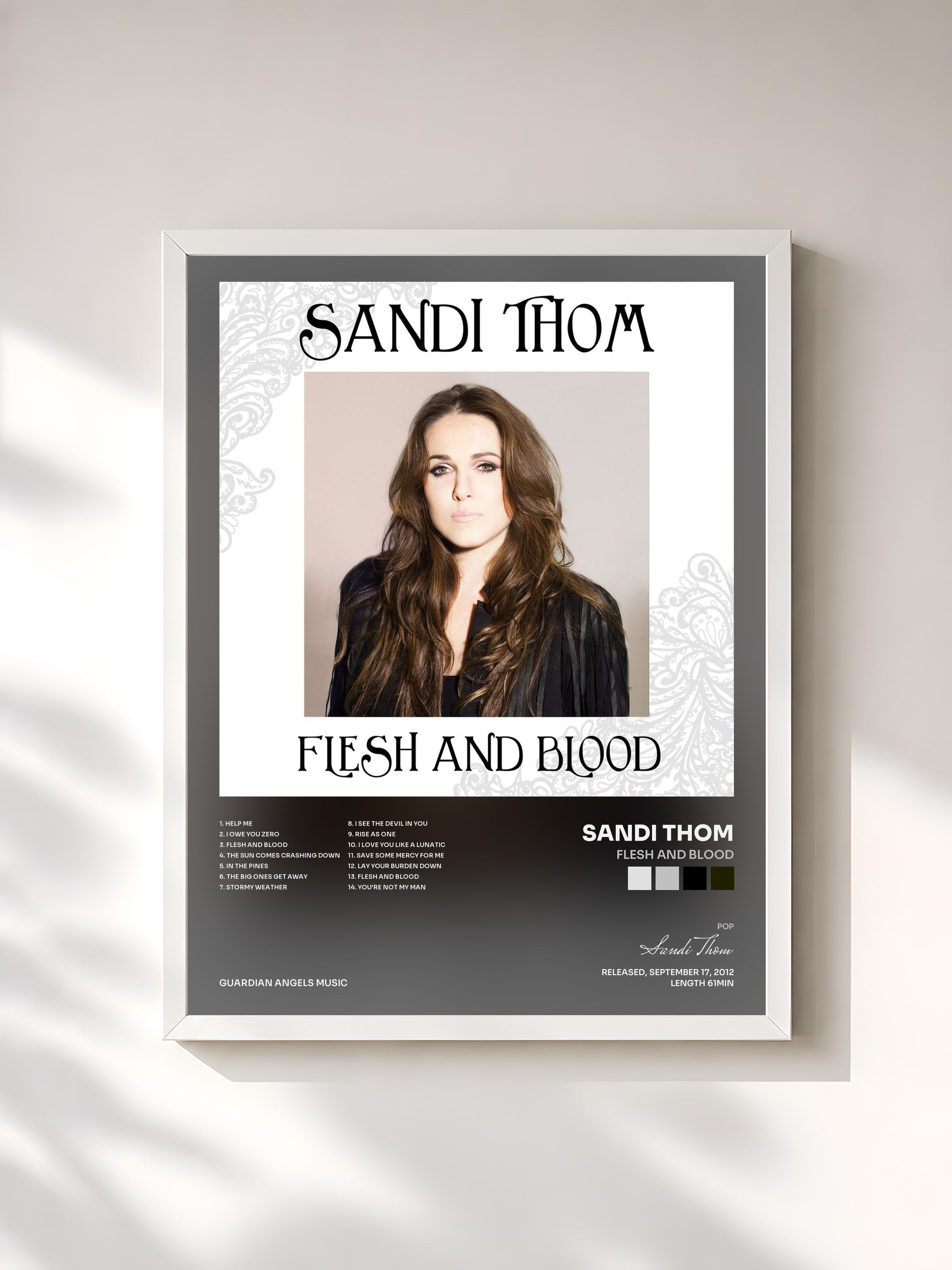 #blanc Tableau de l'album Flesh and Blood de Sandi Thom, cadre blanc, imprimé et encadré en France