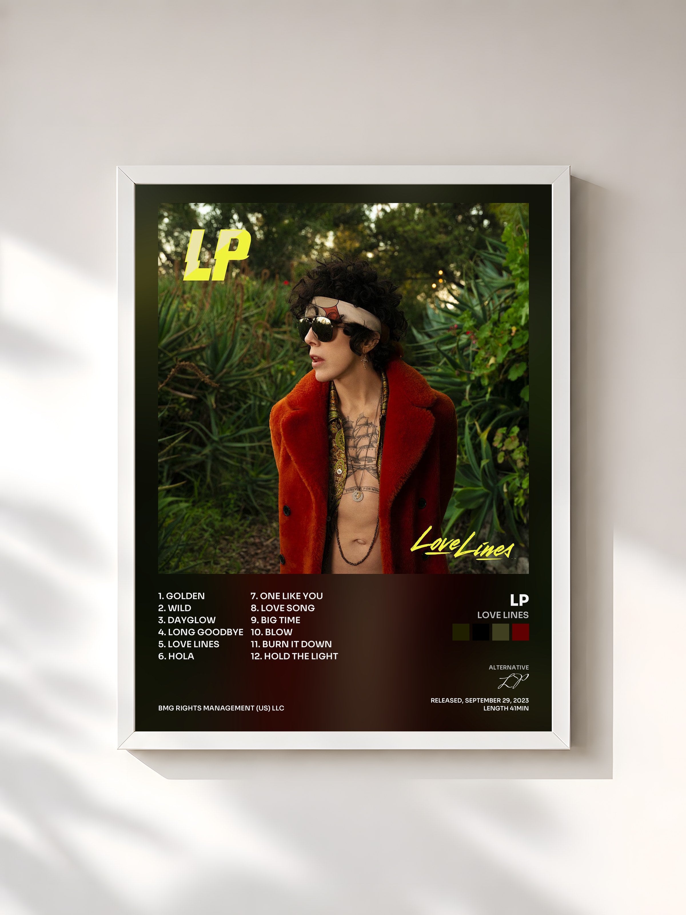 #blanc Tableau de l'album Love Lines de LP, cadre blanc, imprimé et encadré en France