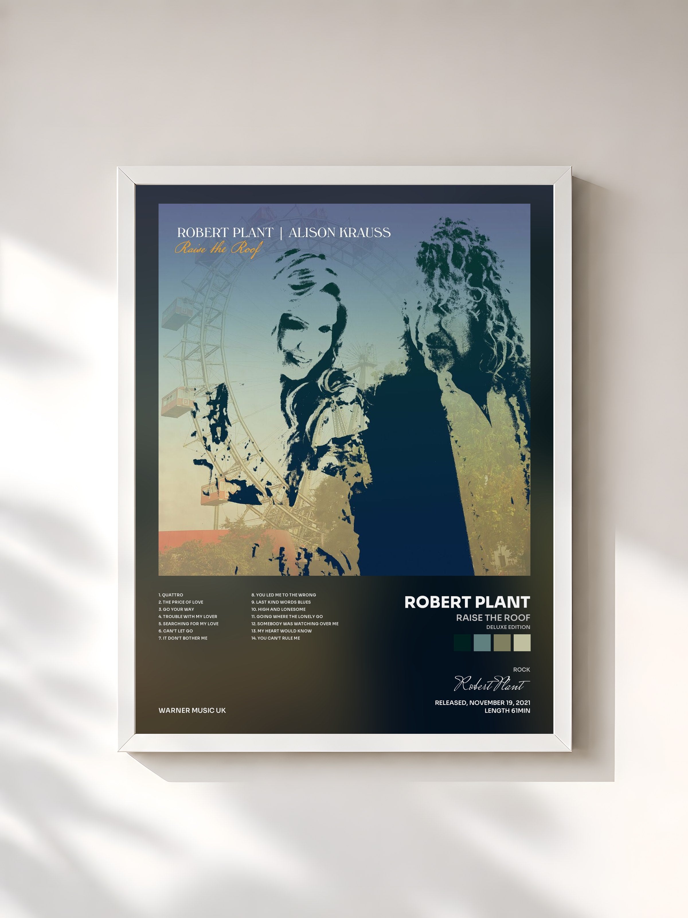 #blanc Tableau de l'album Raise The Roof (Deluxe Edition) de Robert Plant, cadre blanc, imprimé et encadré en France
