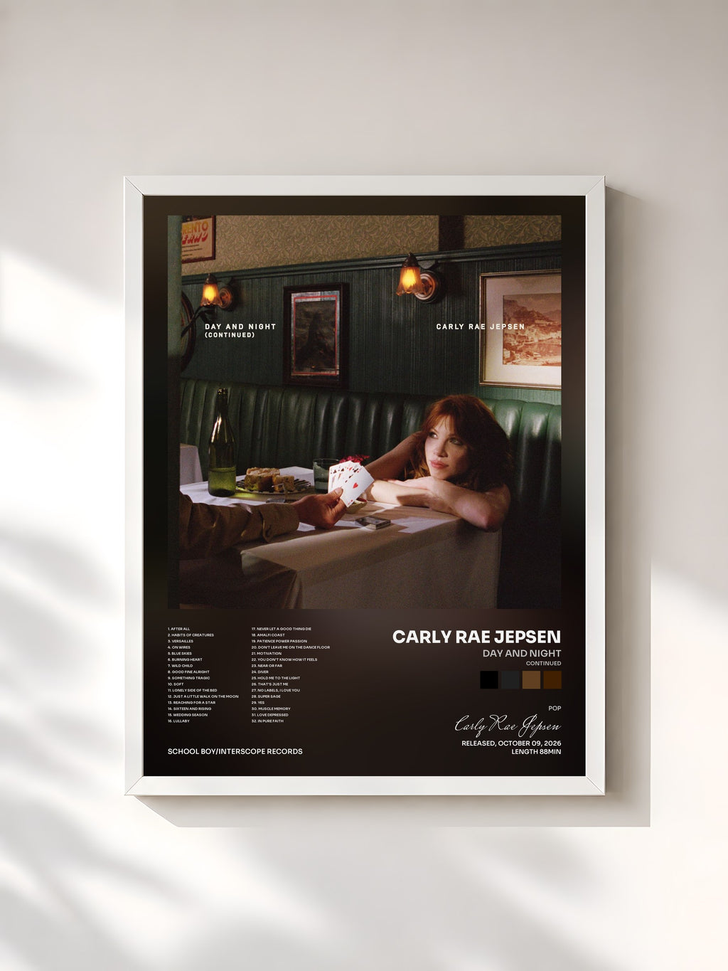 #blanc Tableau de l'album Day and Night (Continued) de Carly Rae Jepsen, cadre blanc, imprimé et encadré en France