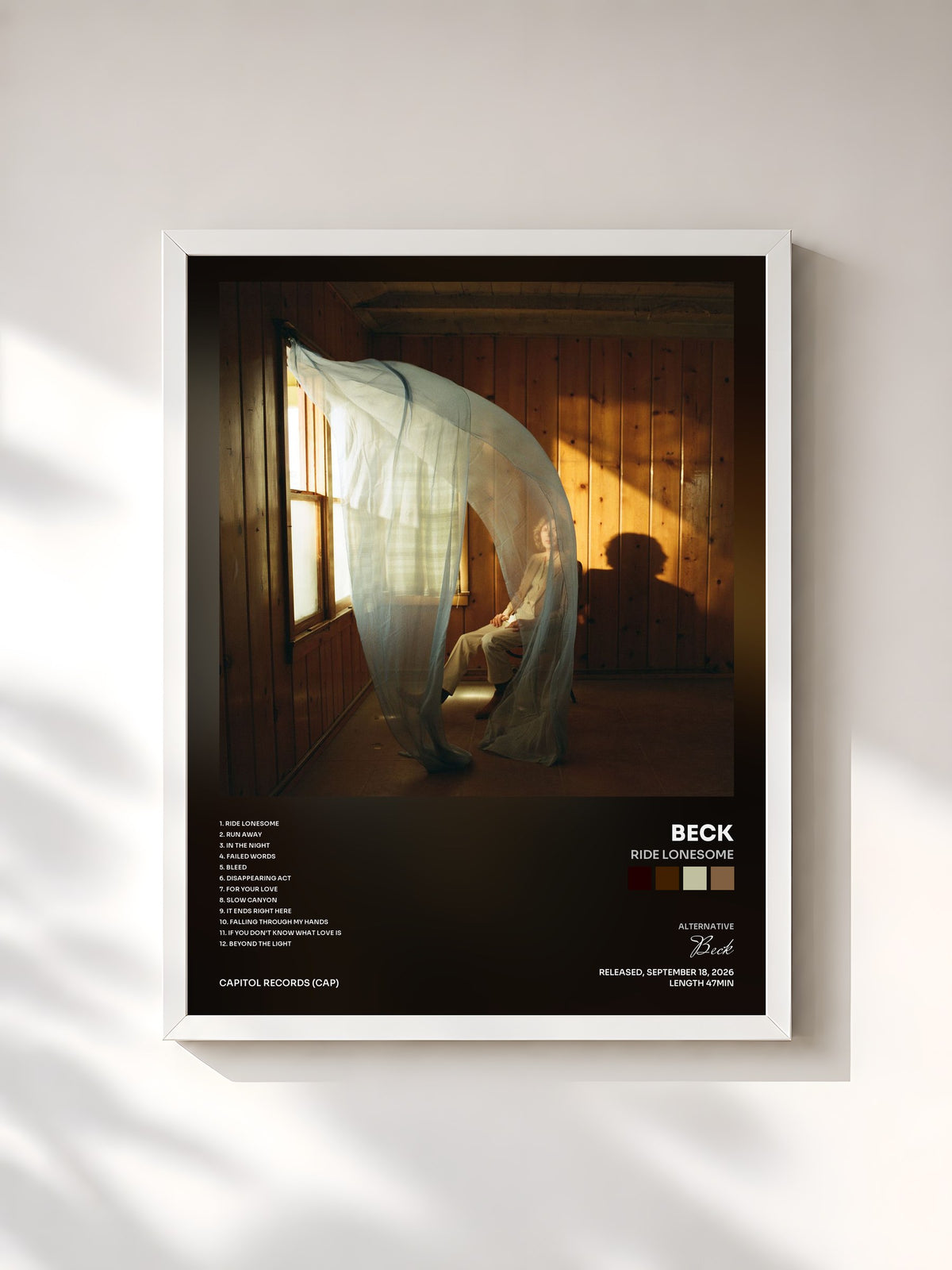 #blanc Tableau de l'album Ride Lonesome de Beck, cadre blanc, imprimé et encadré en France