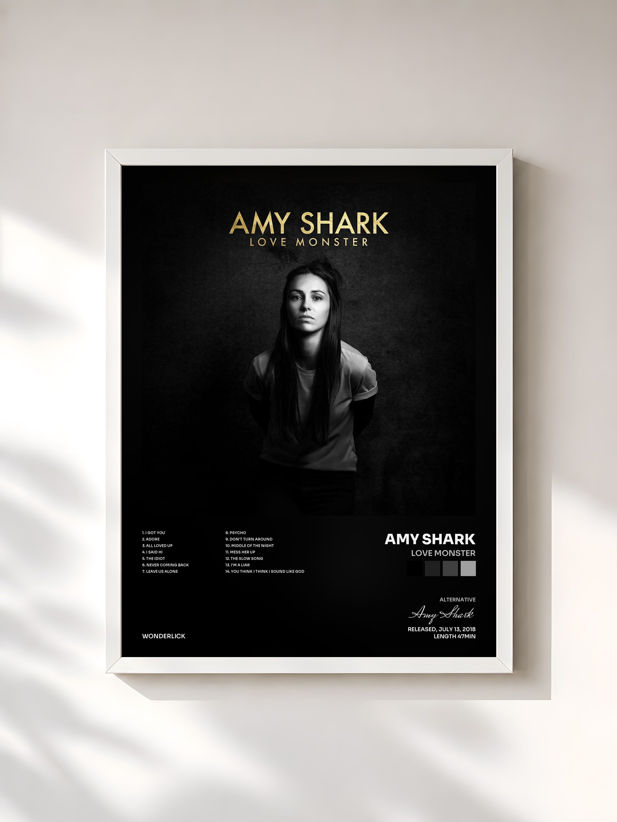 #blanc Tableau de l'album Love Monster de Amy Shark, cadre blanc, imprimé et encadré en France