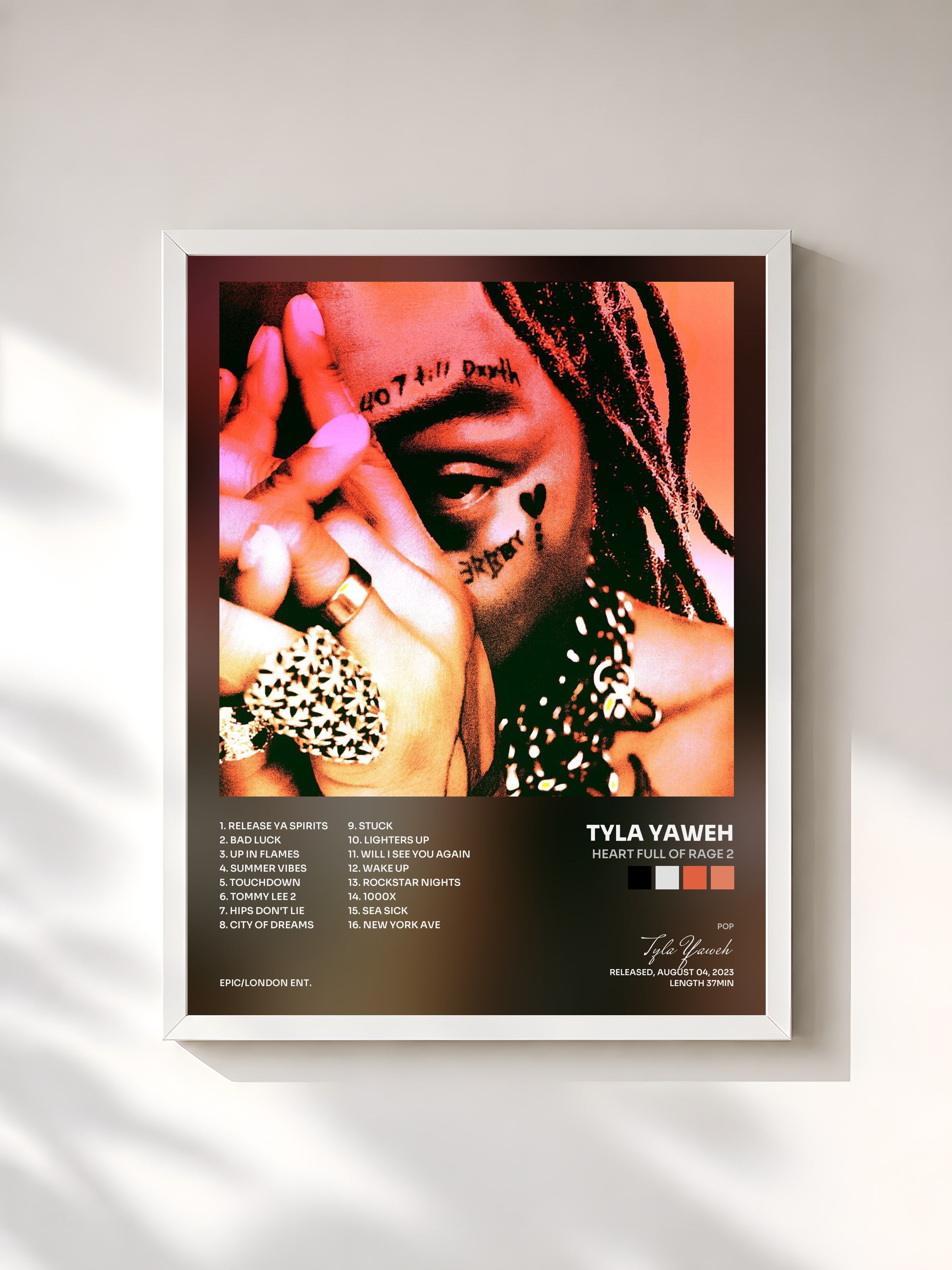 #blanc Tableau de l'album Heart Full of Rage 2 de Tyla Yaweh, cadre blanc, imprimé et encadré en France