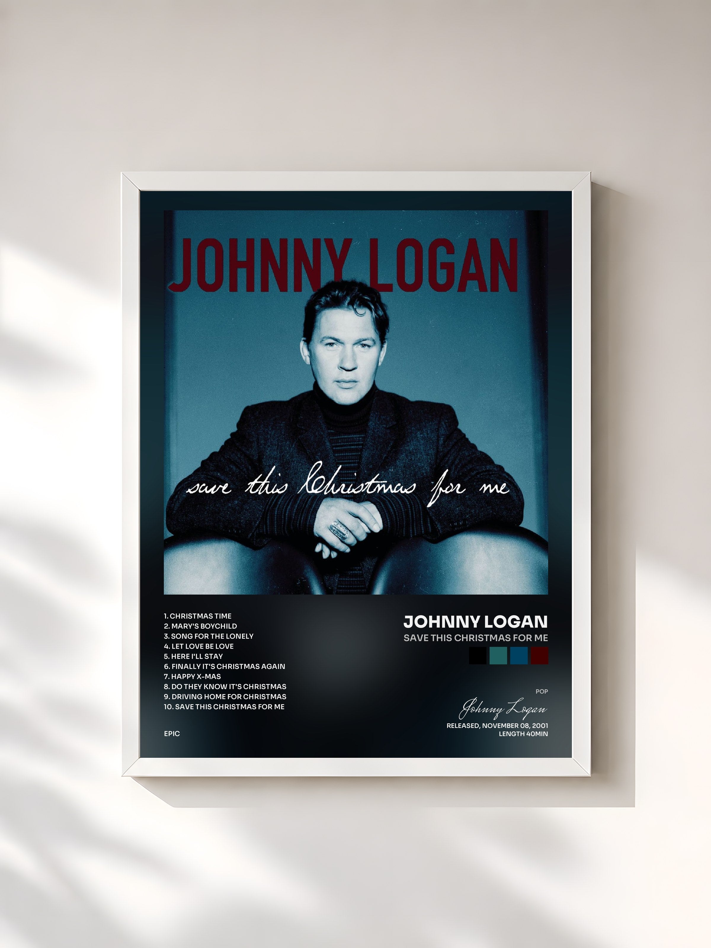 #blanc Tableau de l'album Save This Christmas For Me de Johnny Logan, cadre blanc, imprimé et encadré en France