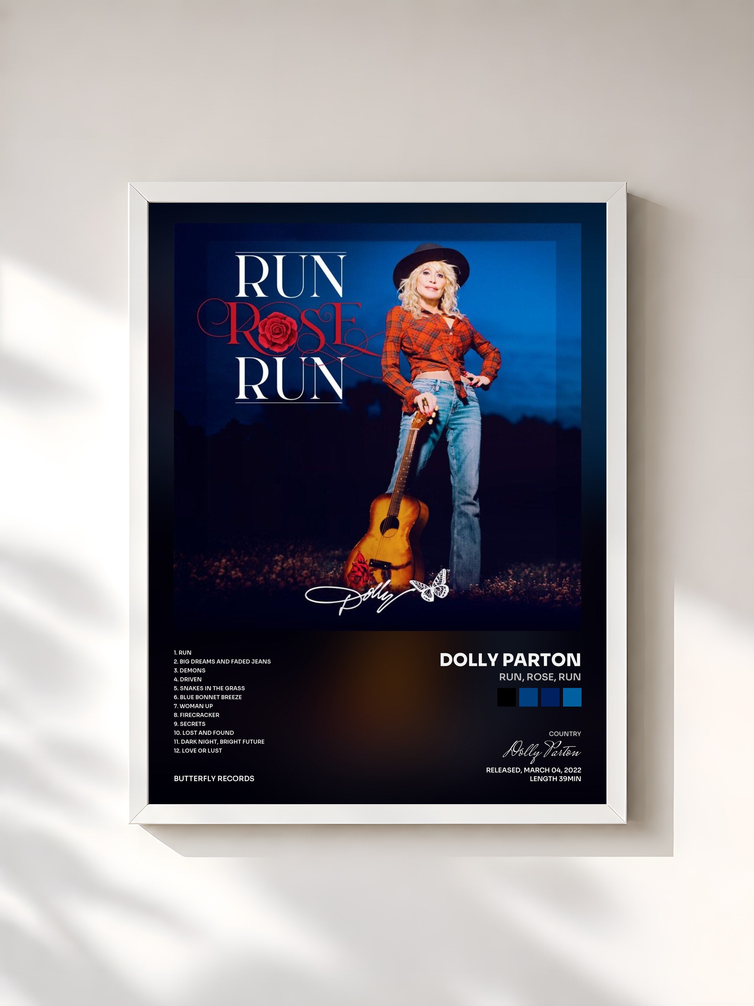 #blanc Tableau de l'album Run, Rose, Run de Dolly Parton, cadre blanc, imprimé et encadré en France