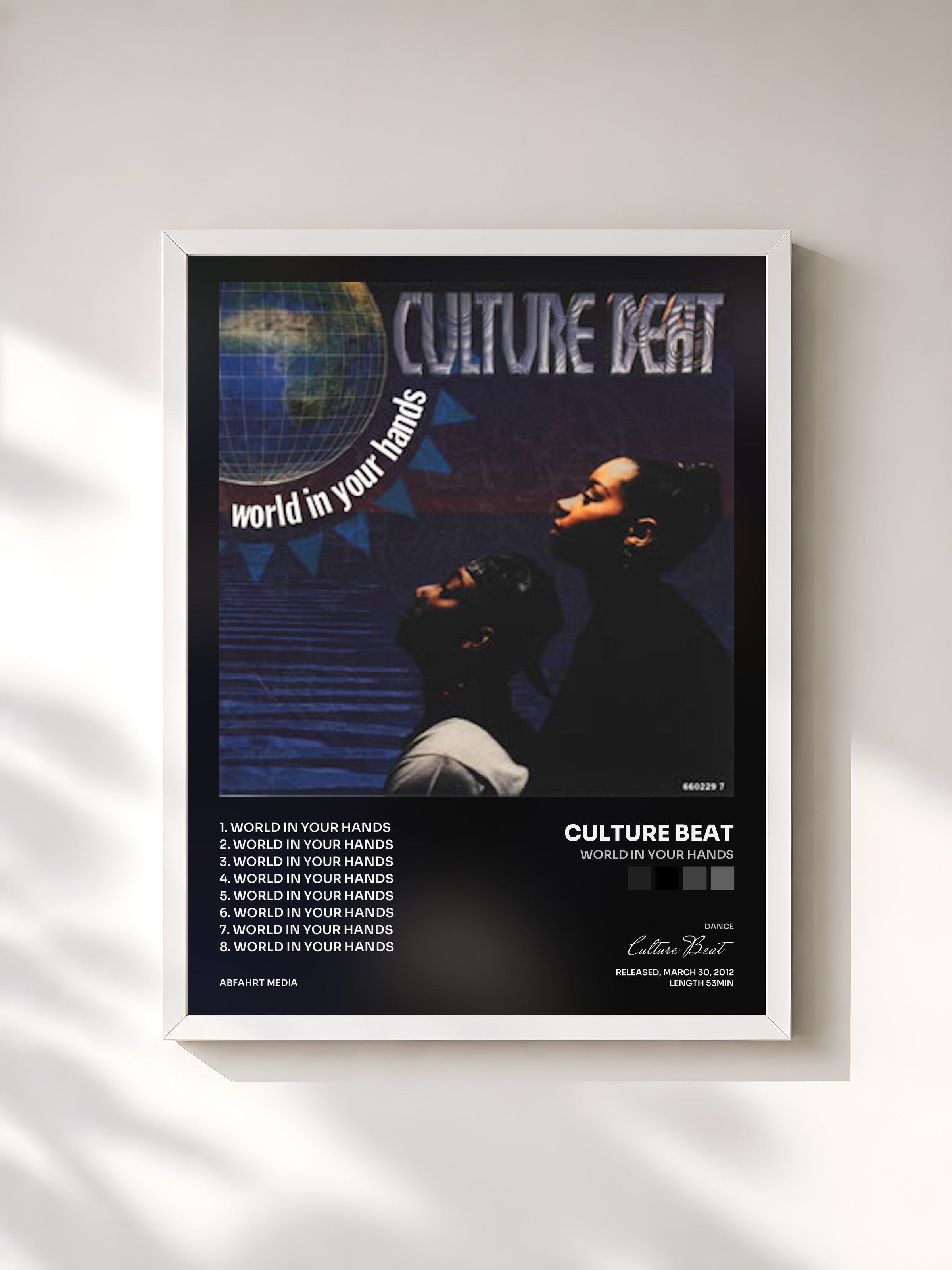 #blanc Tableau de l'album World in Your Hands de Culture Beat, cadre blanc, imprimé et encadré en France