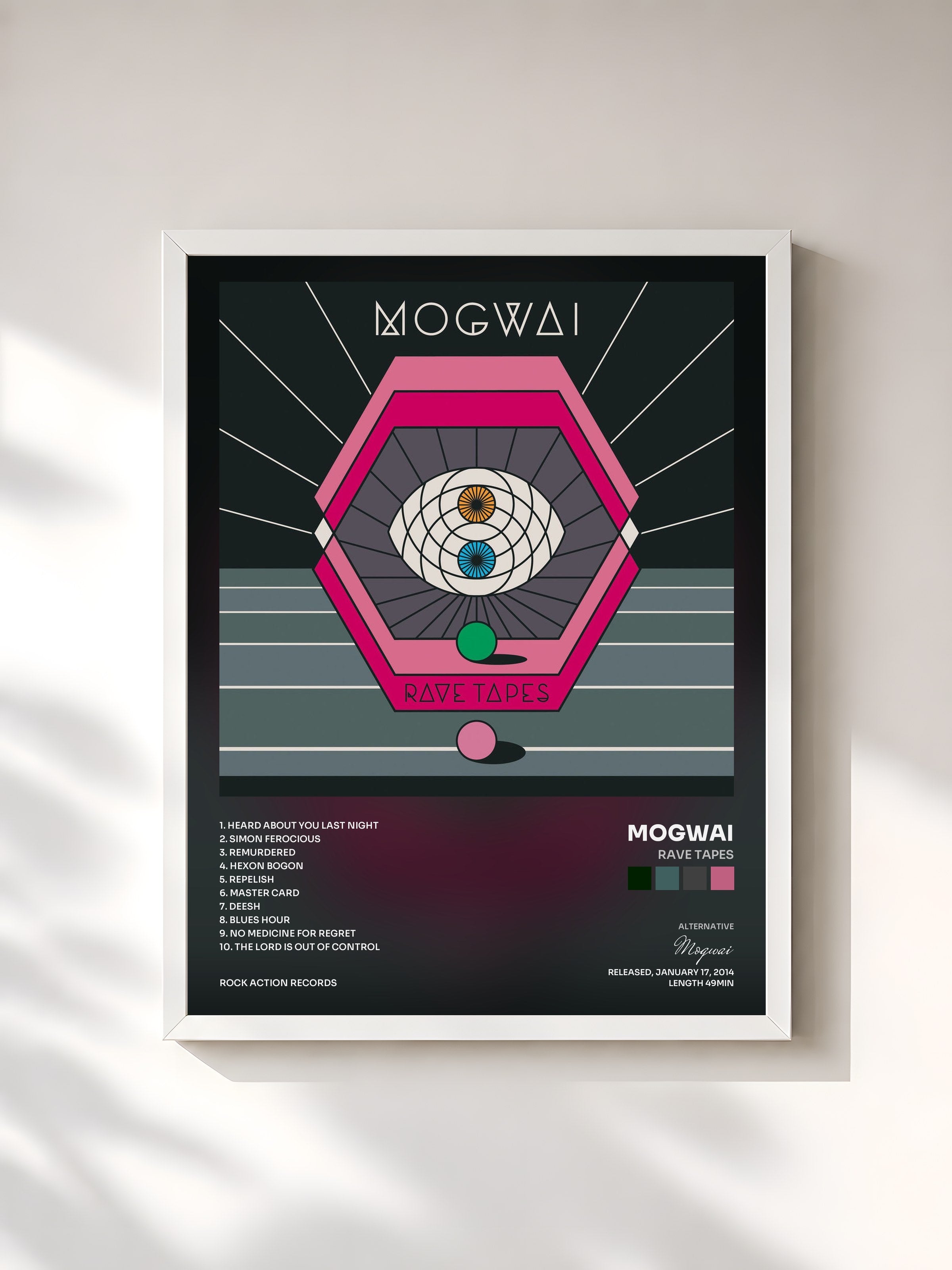 #blanc Tableau de l'album Rave Tapes de Mogwai, cadre blanc, imprimé et encadré en France
