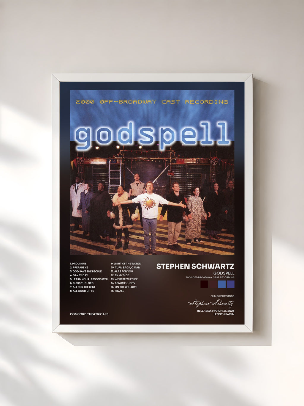 #blanc Tableau de l'album Godspell (2000 Off-Broadway Cast Recording) de Stephen Schwartz, cadre blanc, imprimé et encadré en France