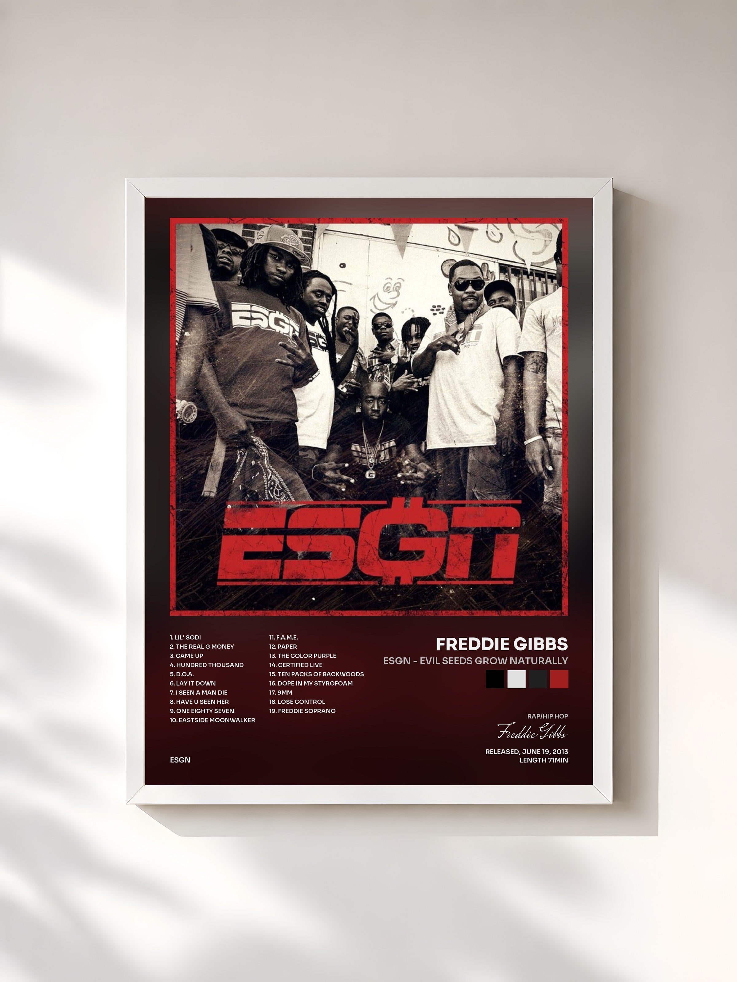 #blanc Tableau de l'album ESGN - Evil Seeds Grow Naturally de Freddie Gibbs, cadre blanc, imprimé et encadré en France