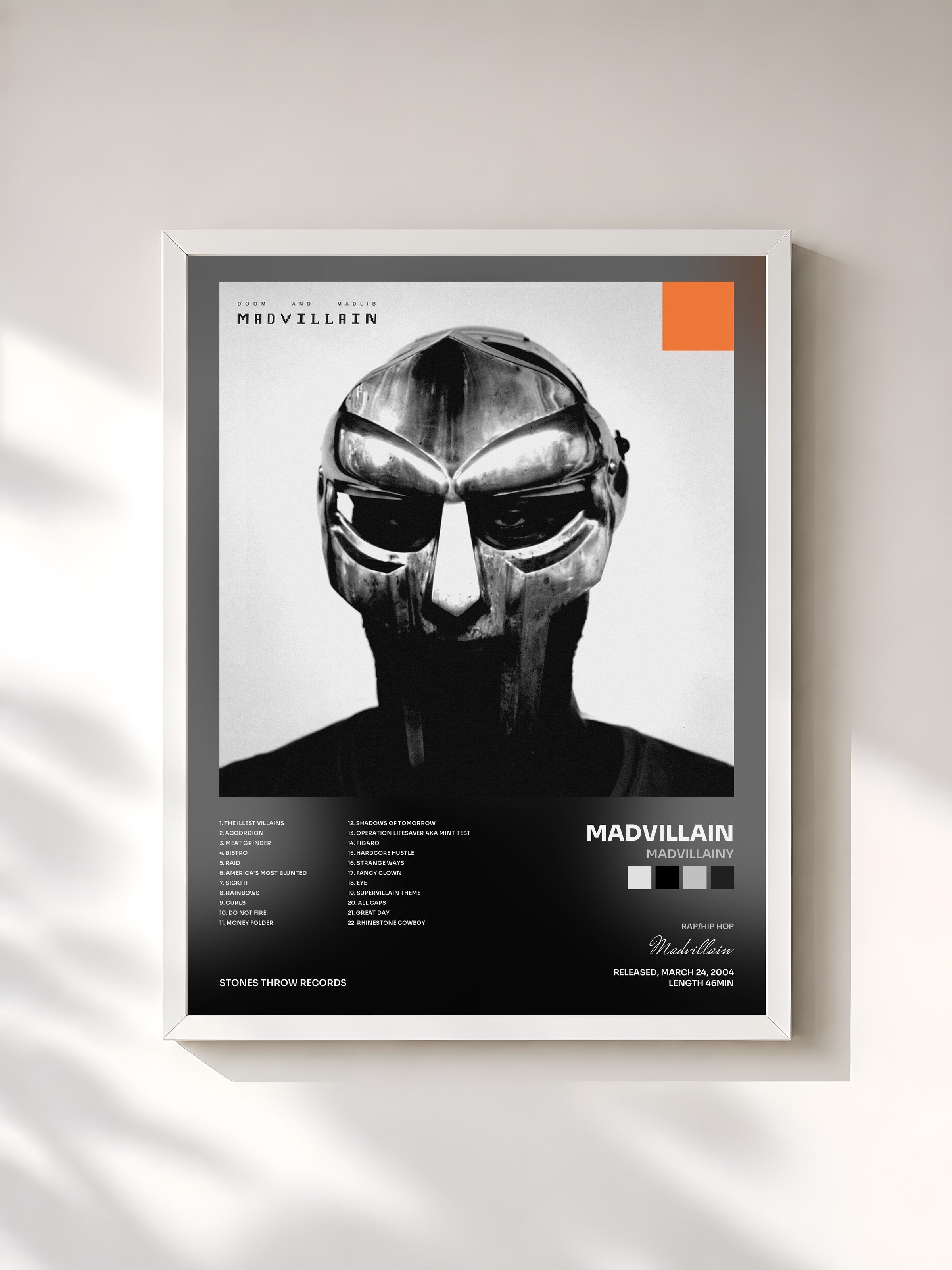 #blanc Tableau de l'album Madvillainy de Madvillain, cadre blanc, imprimé et encadré en France