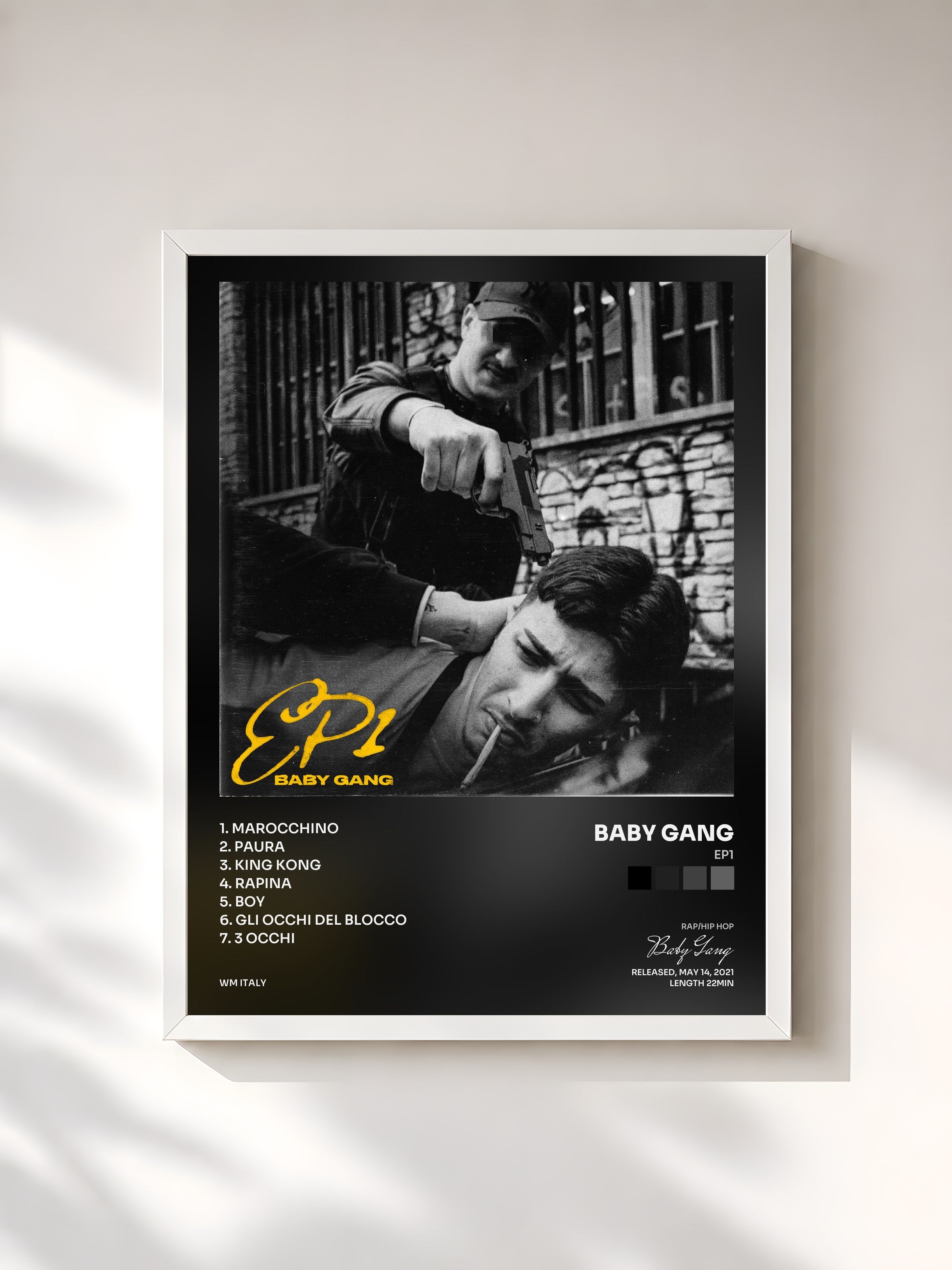 #blanc Tableau de l'album EP1 de Baby Gang, cadre blanc, imprimé et encadré en France