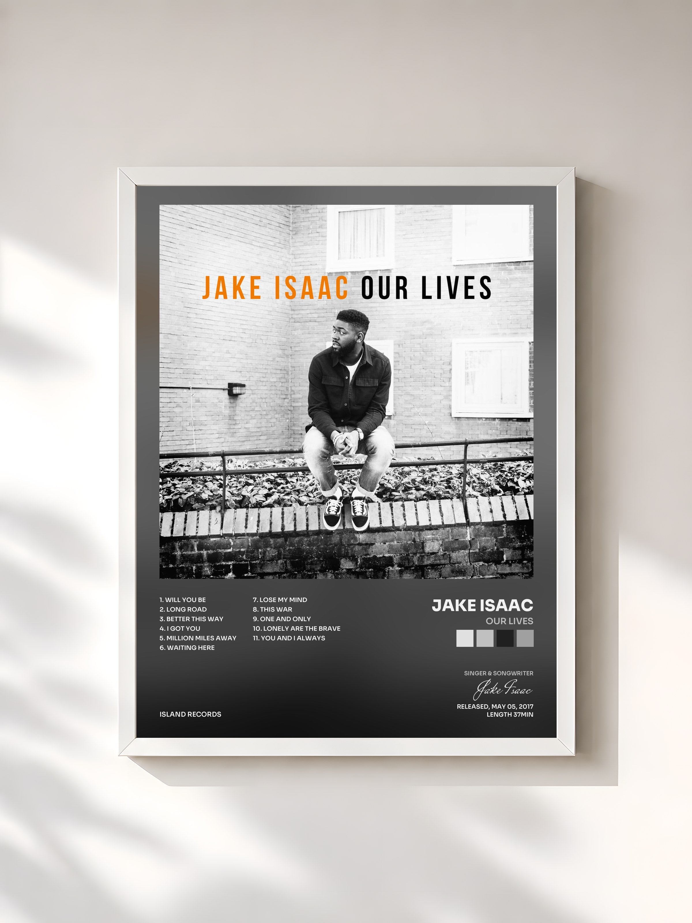 #blanc Tableau de l'album Our Lives de Jake Isaac, cadre blanc, imprimé et encadré en France