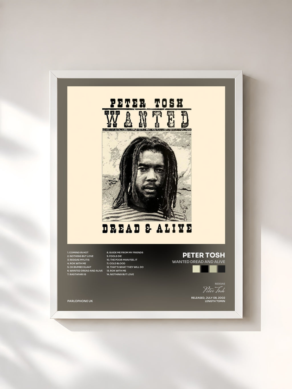 #blanc Tableau de l'album Wanted Dread and Alive de Peter Tosh, cadre blanc, imprimé et encadré en France