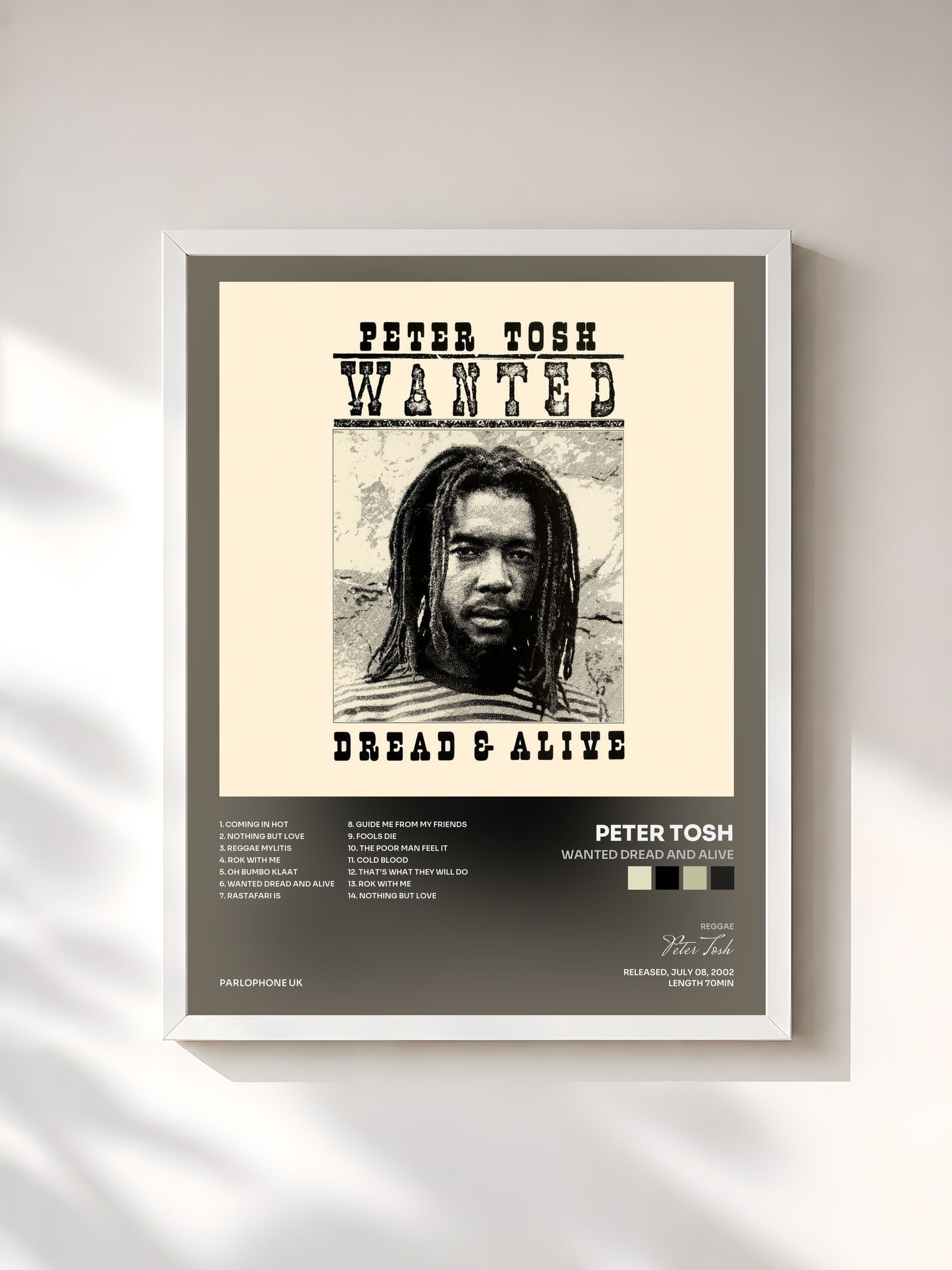 #blanc Tableau de l'album Wanted Dread and Alive de Peter Tosh, cadre blanc, imprimé et encadré en France