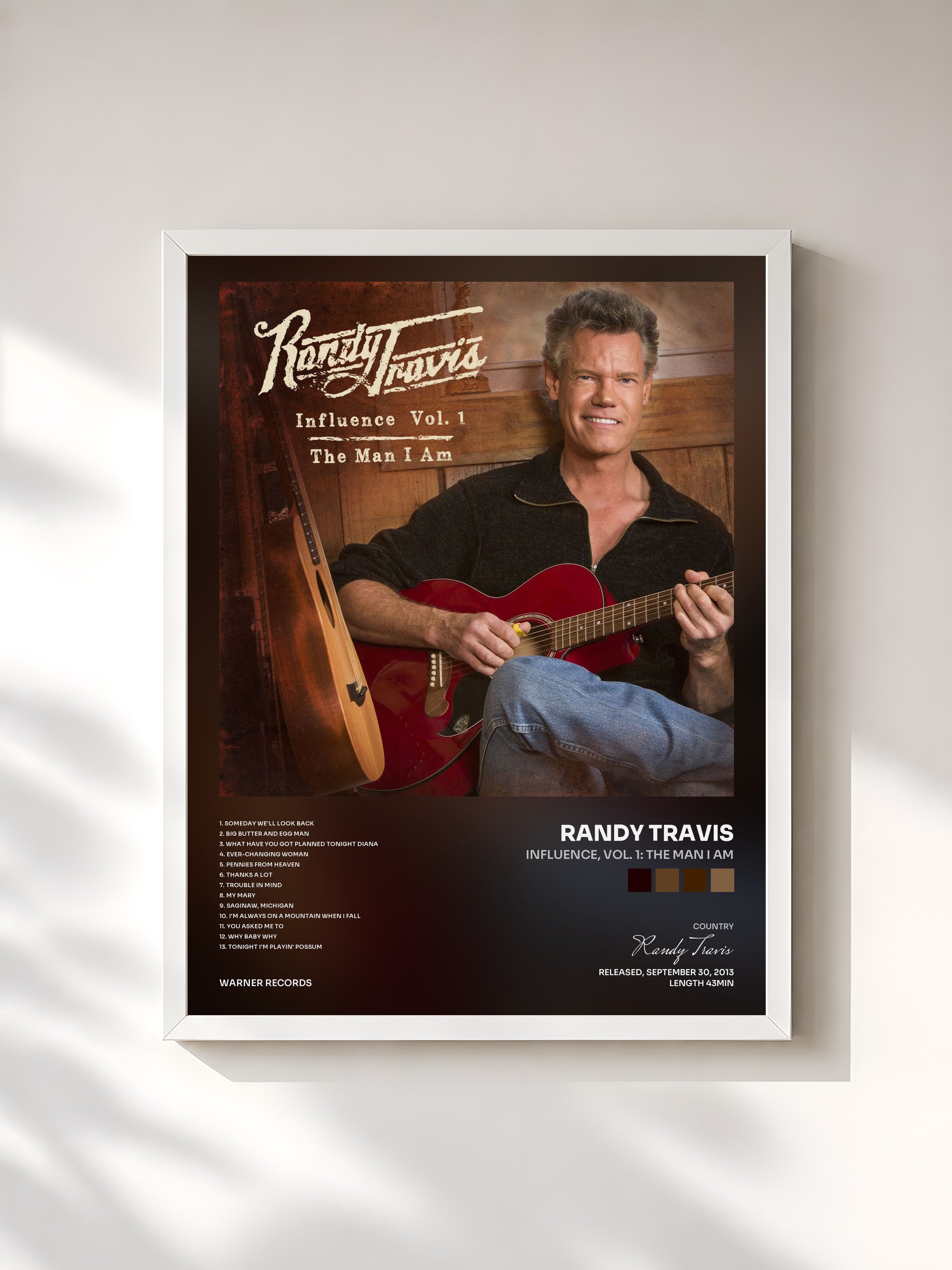 #blanc Tableau de l'album Influence, Vol. 1: The Man I Am de Randy Travis, cadre blanc, imprimé et encadré en France