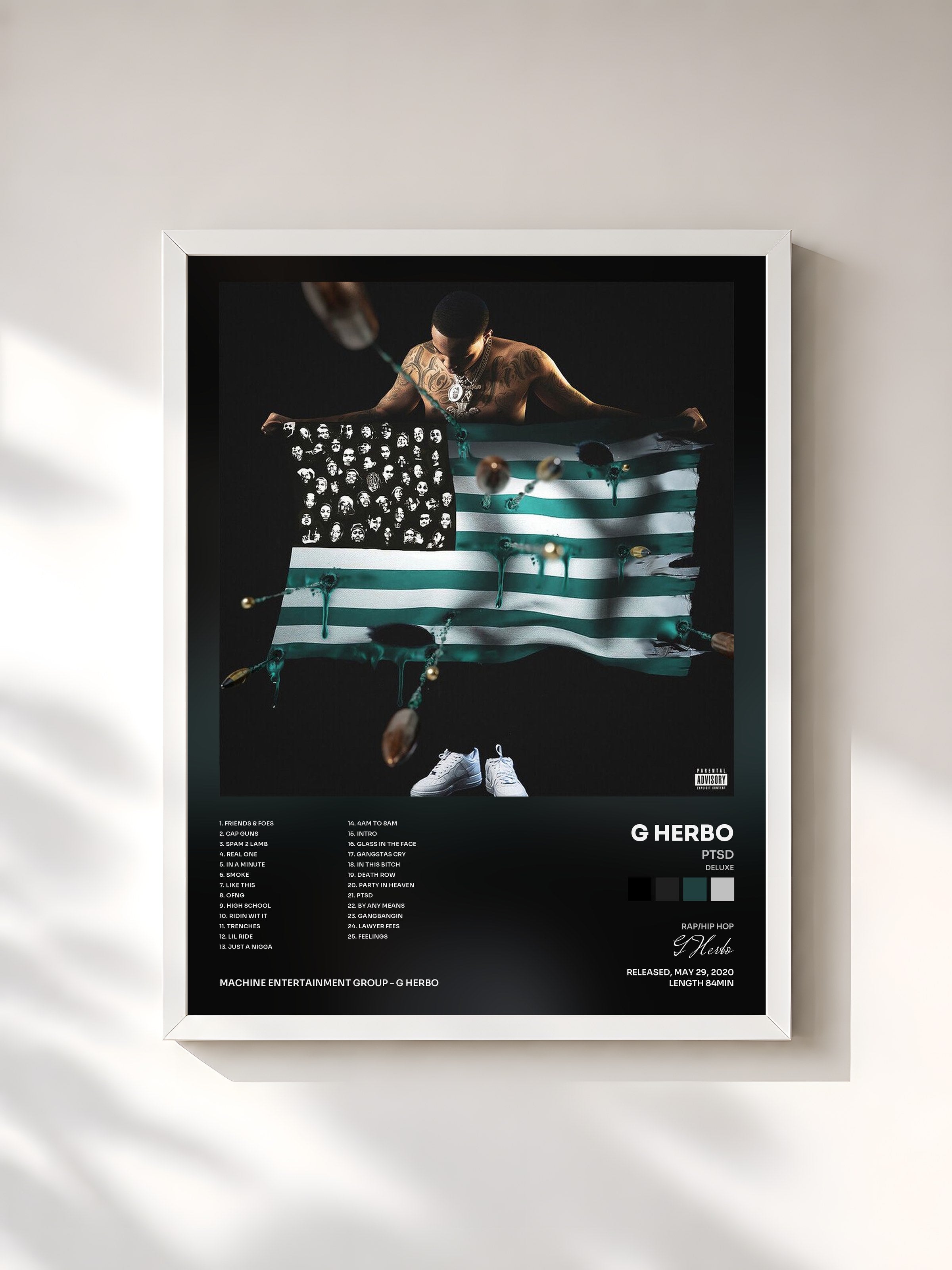 #blanc Tableau de l'album PTSD (Deluxe) de G Herbo, cadre blanc, imprimé et encadré en France
