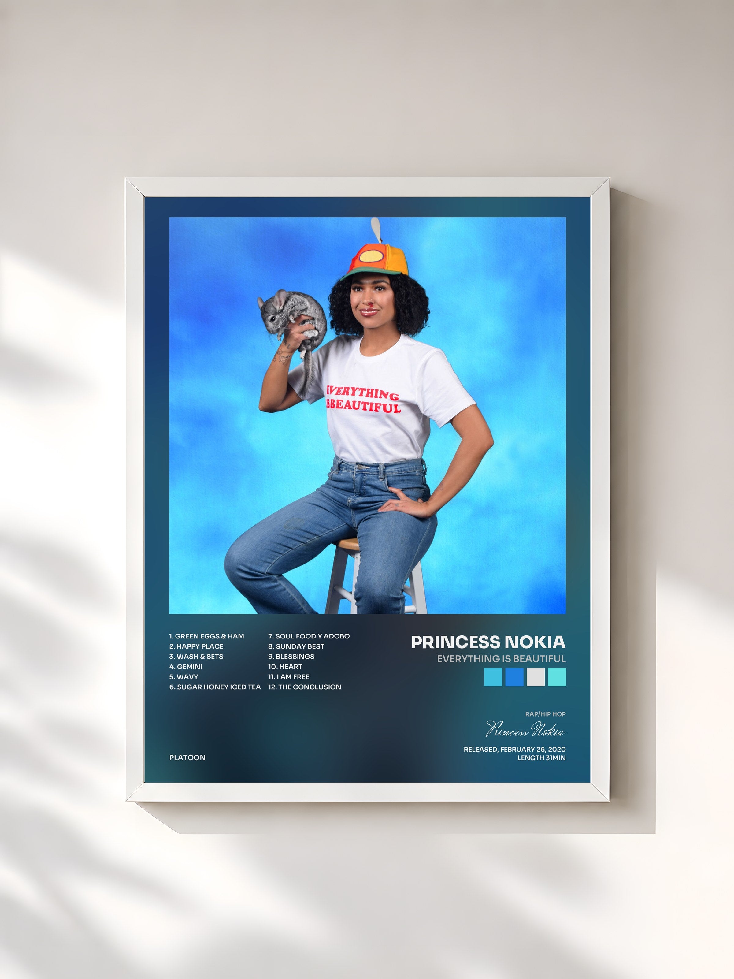 #blanc Tableau de l'album Everything is Beautiful de Princess Nokia, cadre blanc, imprimé et encadré en France