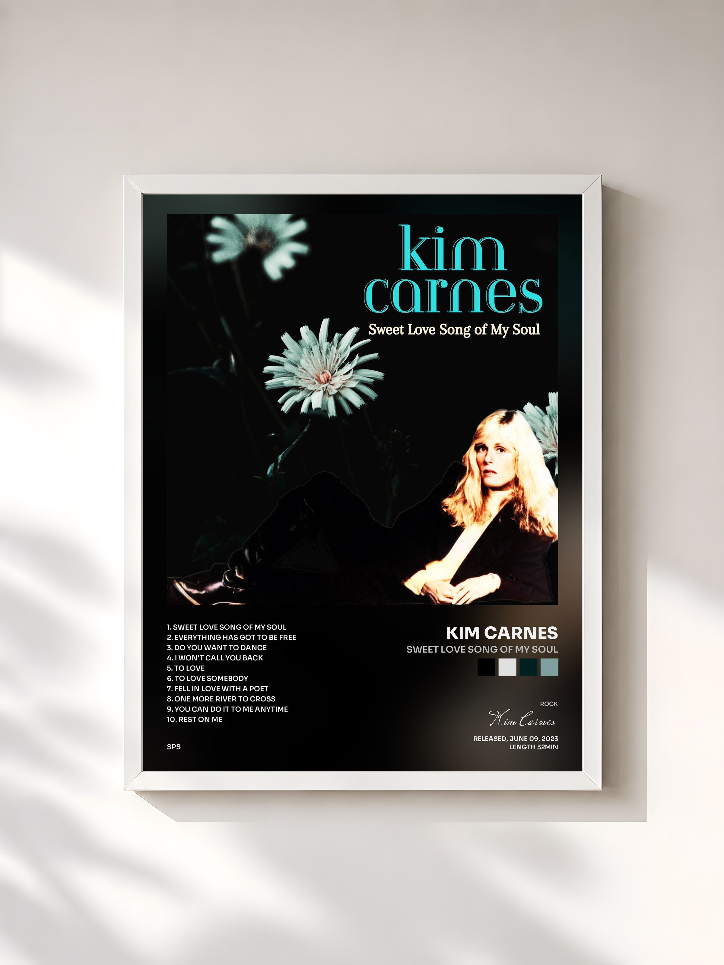 #blanc Tableau de l'album Sweet Love Song of My Soul de Kim Carnes, cadre blanc, imprimé et encadré en France