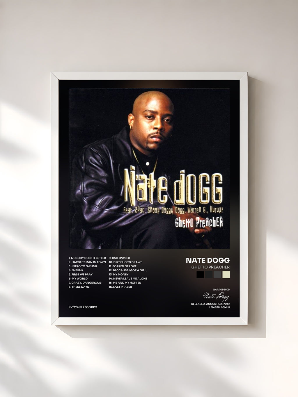 #blanc Tableau de l'album Ghetto Preacher de Nate Dogg, cadre blanc, imprimé et encadré en France
