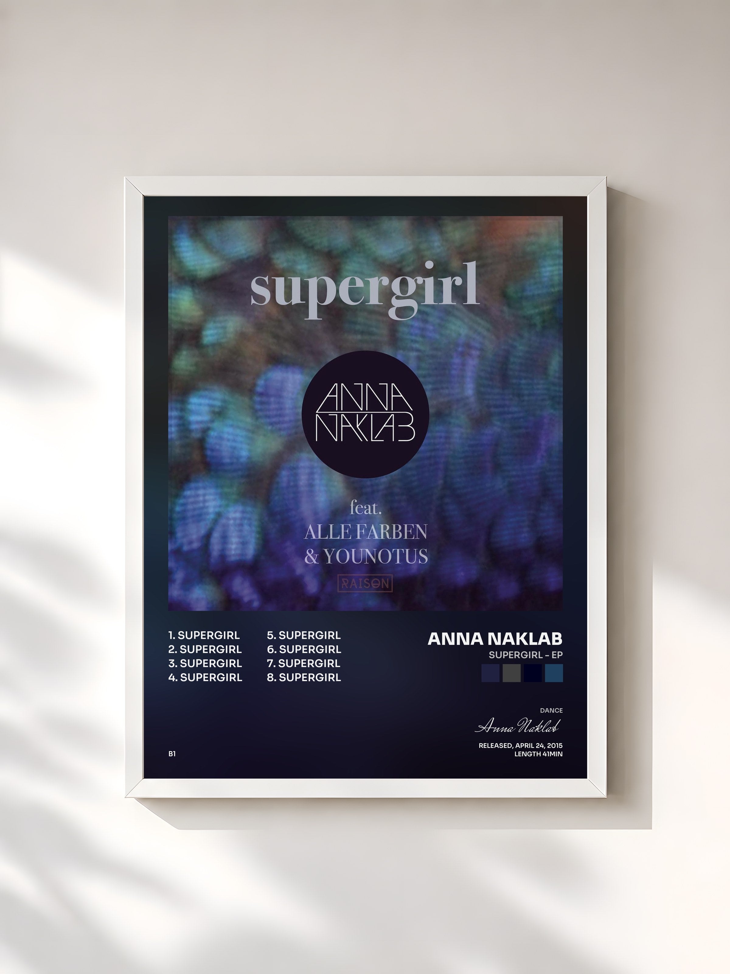 #blanc Tableau de l'album Supergirl - EP de Anna Naklab, cadre blanc, imprimé et encadré en France