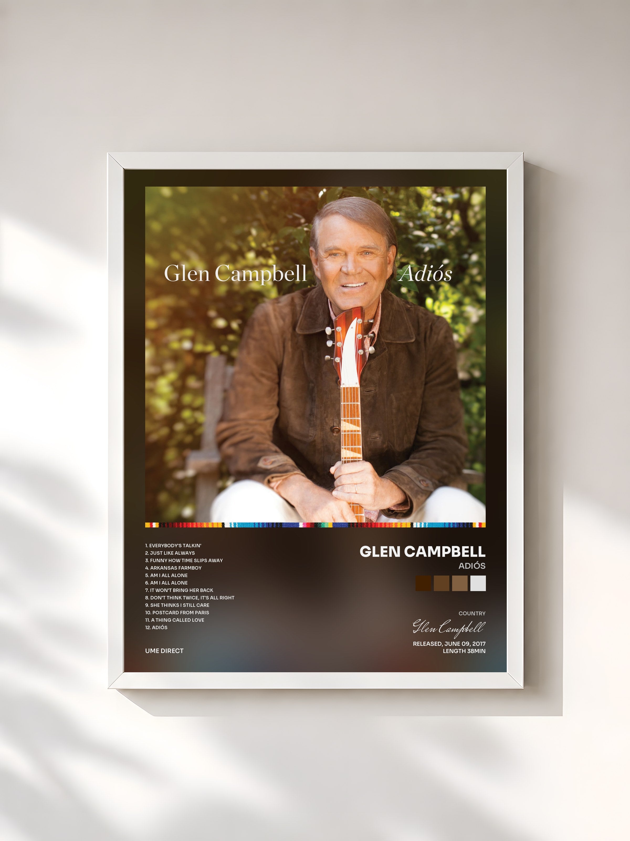 #blanc Tableau de l'album Adiós de Glen Campbell, cadre blanc, imprimé et encadré en France