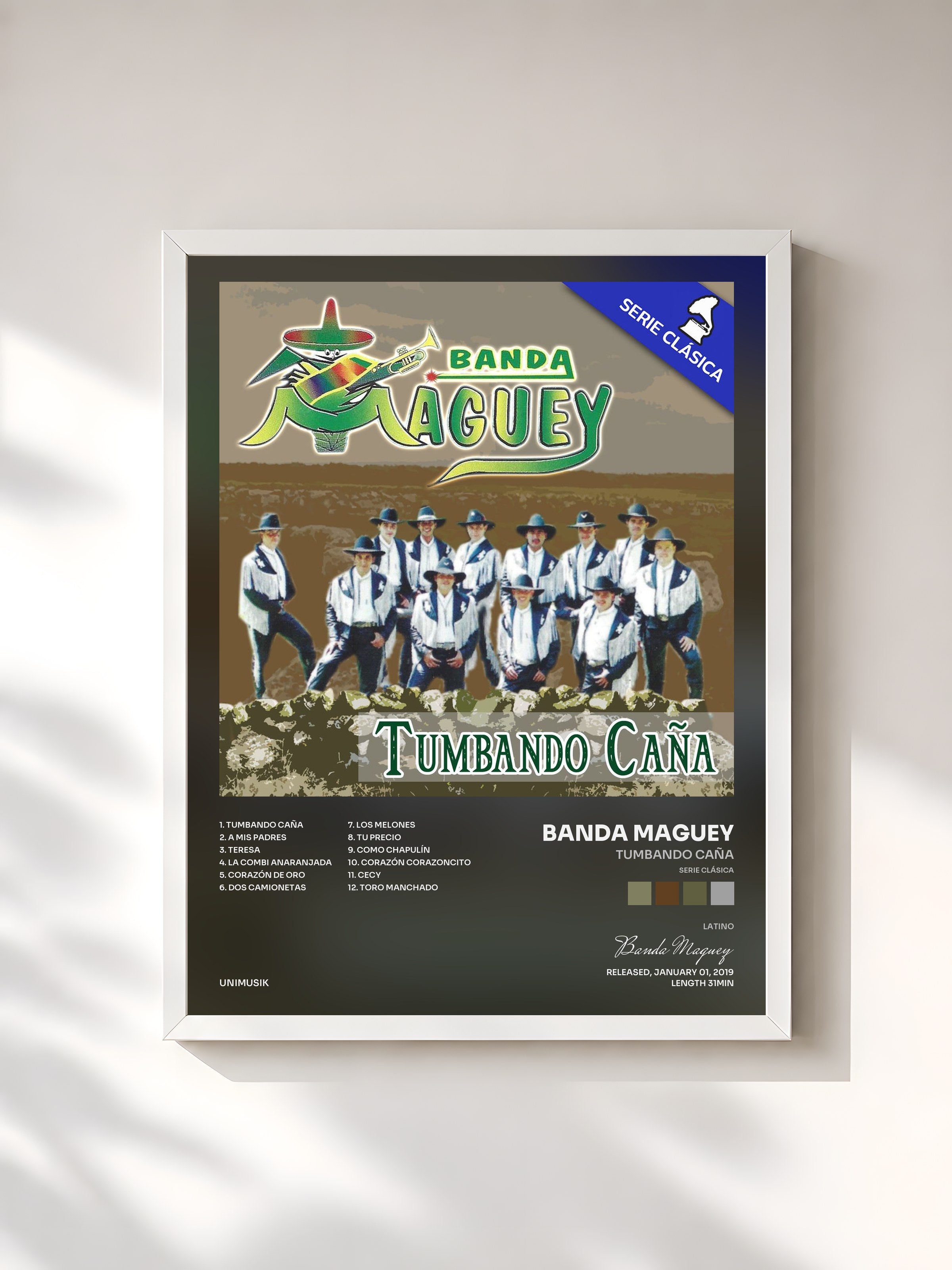 #blanc Tableau de l'album Tumbando Caña (Serie Clásica) de Banda Maguey, cadre blanc, imprimé et encadré en France