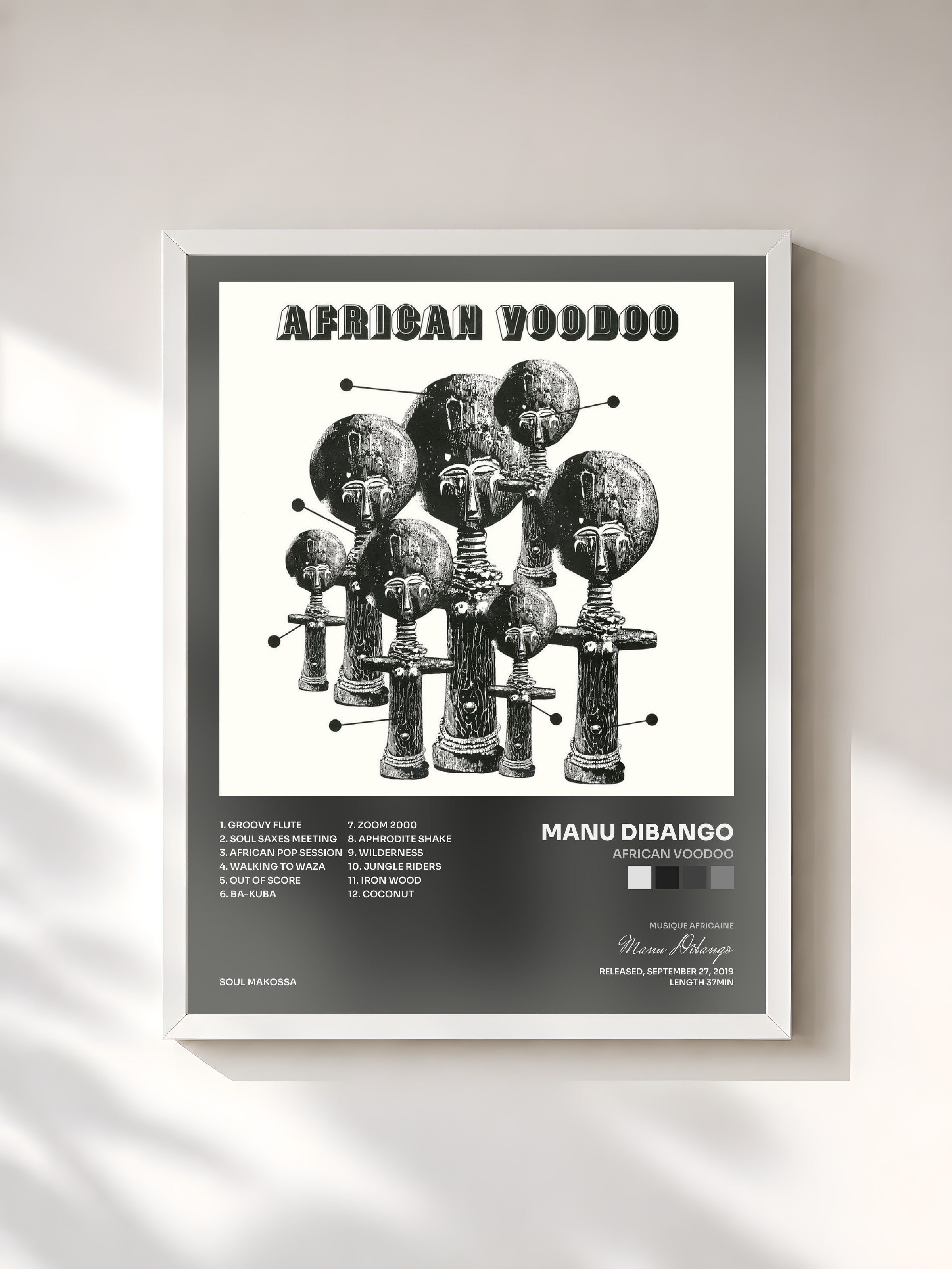 #blanc Tableau de l'album African Voodoo de Manu Dibango, cadre blanc, imprimé et encadré en France