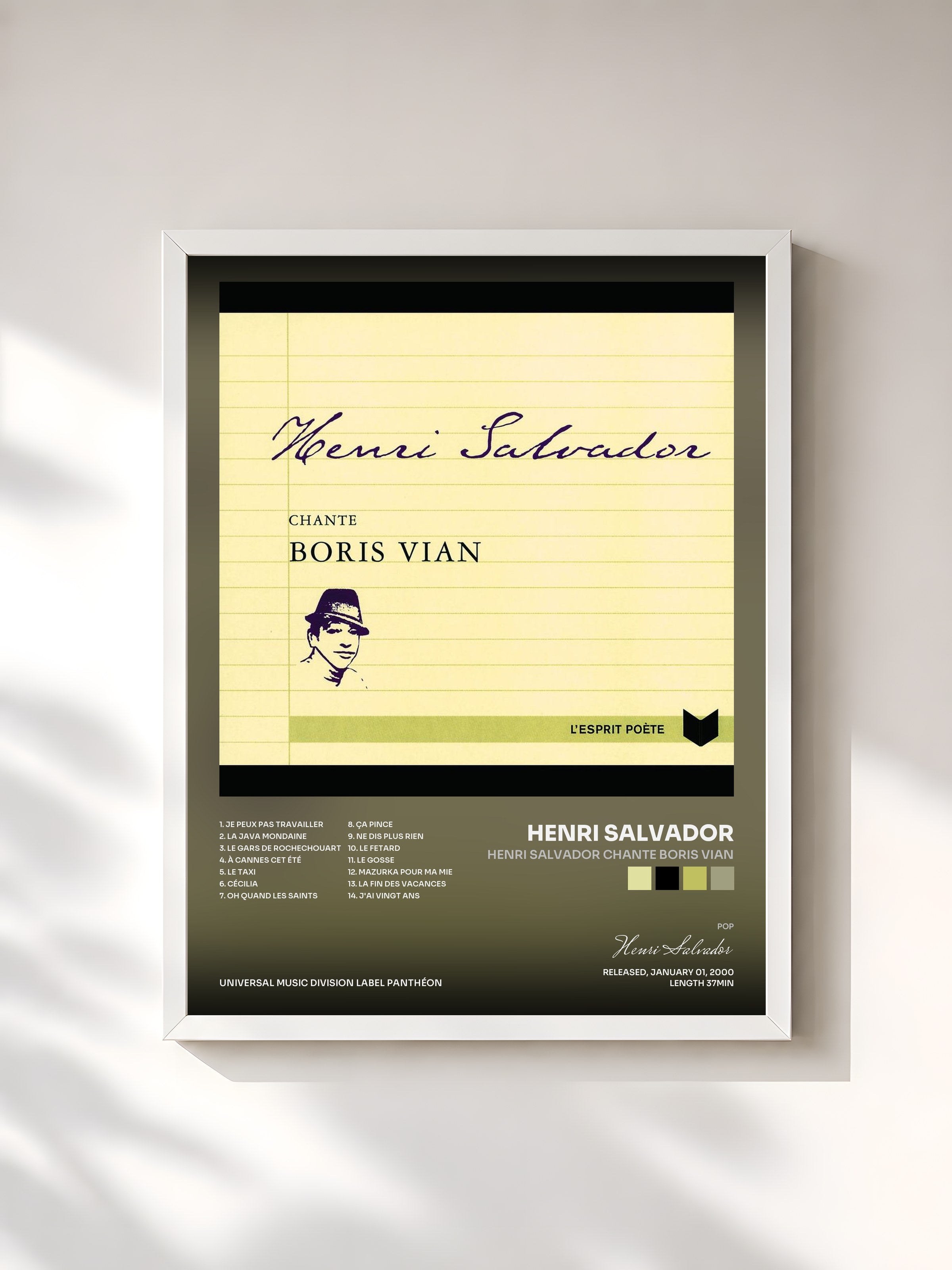 #blanc Tableau de l'album Henri Salvador Chante Boris Vian de Henri Salvador, cadre blanc, imprimé et encadré en France