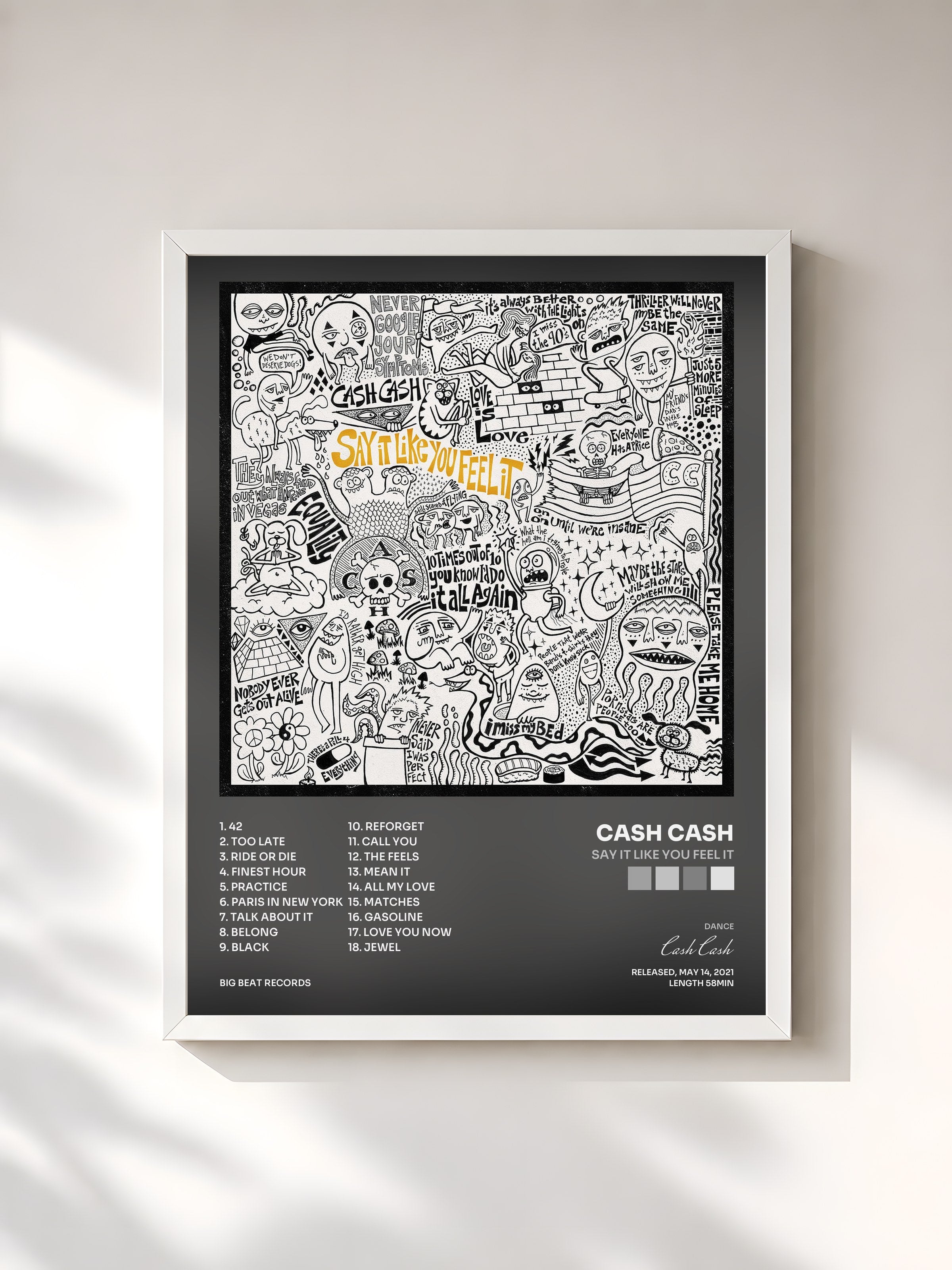 #blanc Tableau de l'album Say It Like You Feel It de Cash Cash, cadre blanc, imprimé et encadré en France
