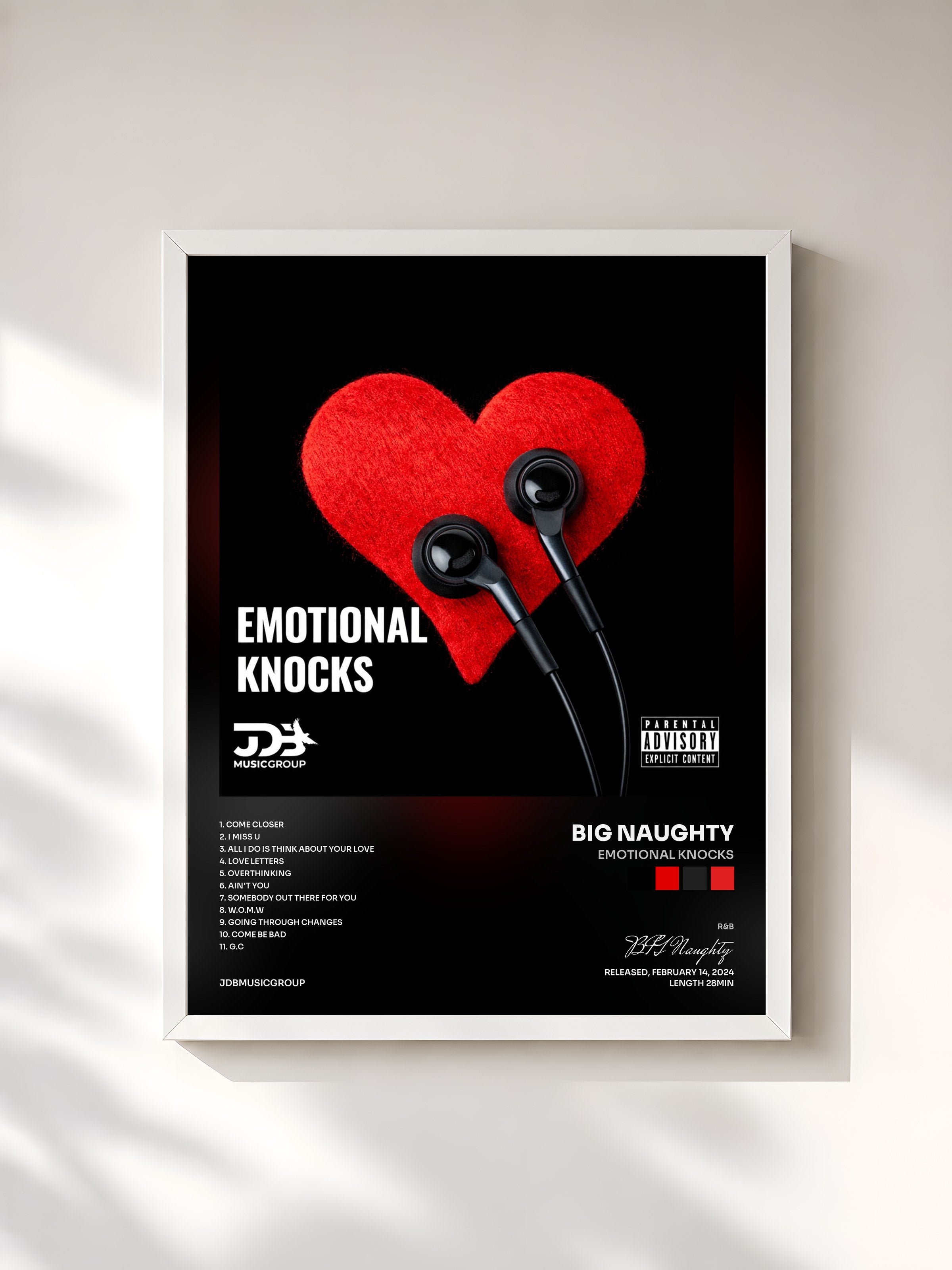 #blanc Tableau de l'album Emotional Knocks de BIG Naughty, cadre blanc, imprimé et encadré en France